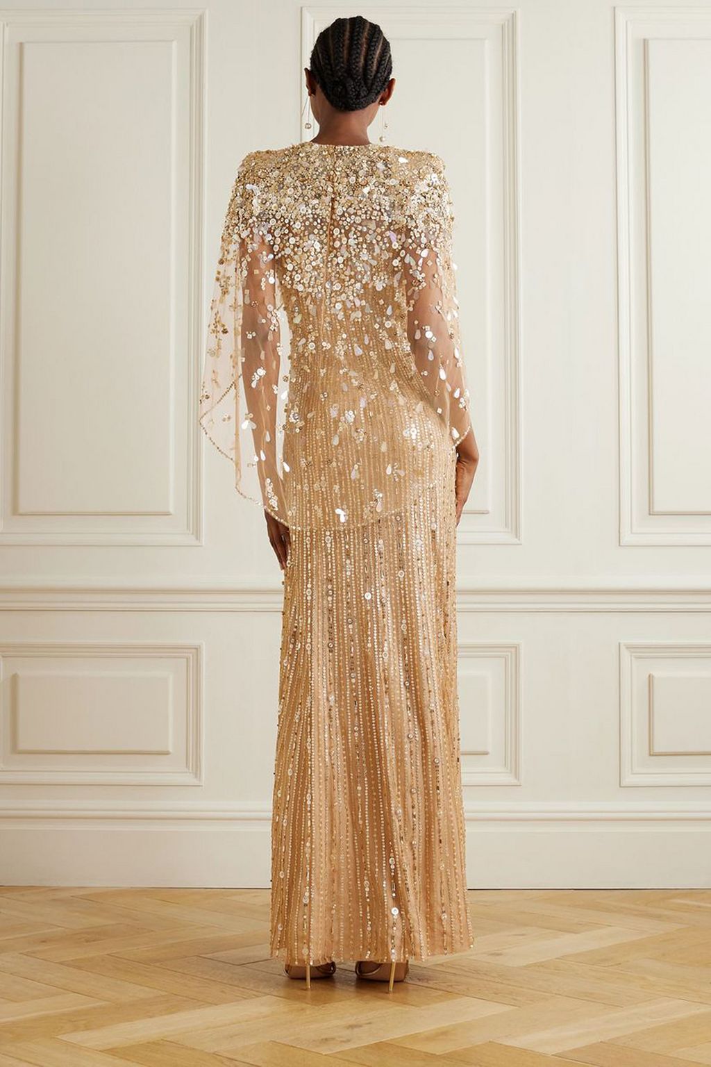 JENNY PACKHAM Nettie cape-effect embellished sequined tulle gown