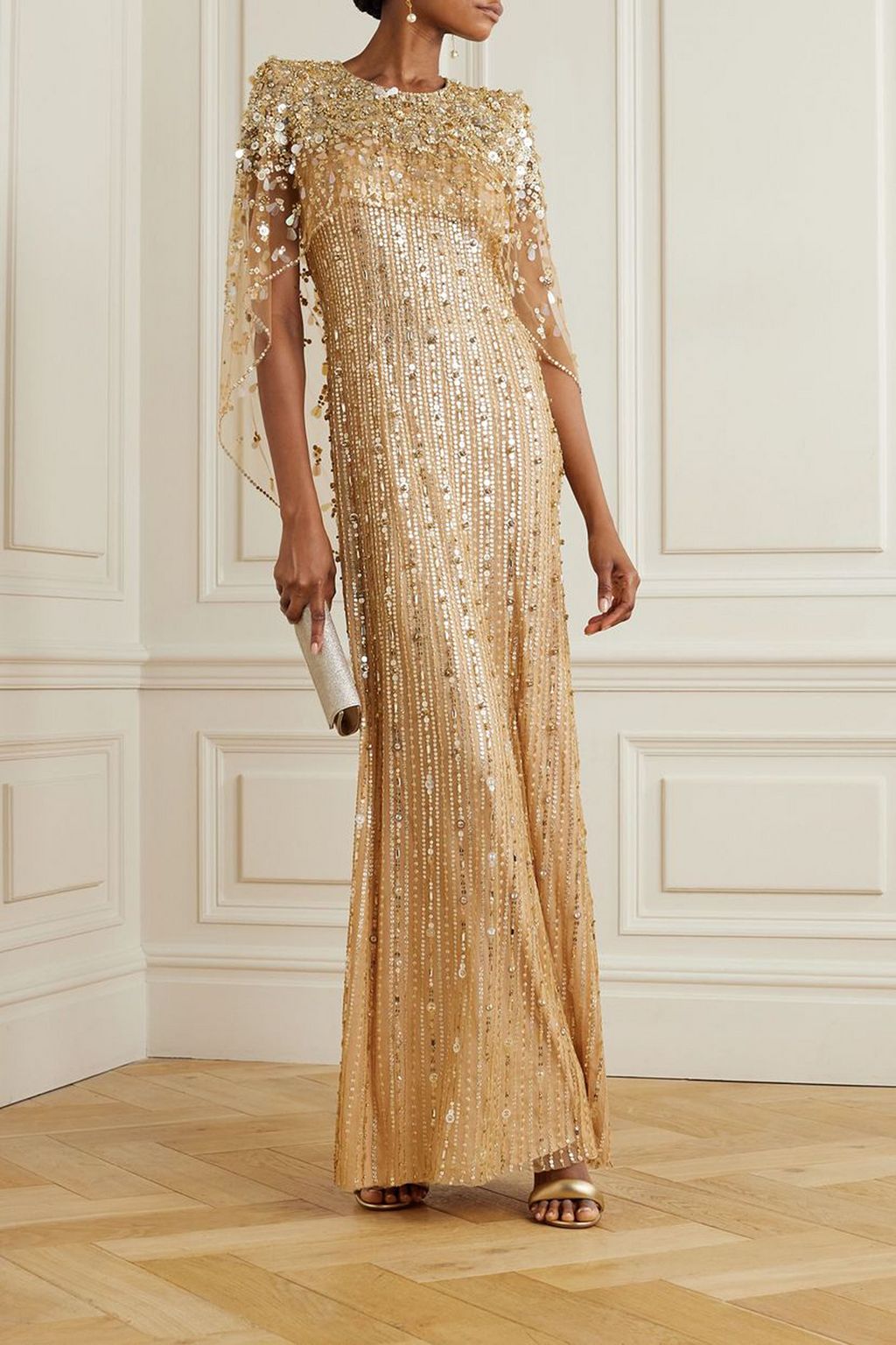 JENNY PACKHAM Nettie cape-effect embellished sequined tulle gown