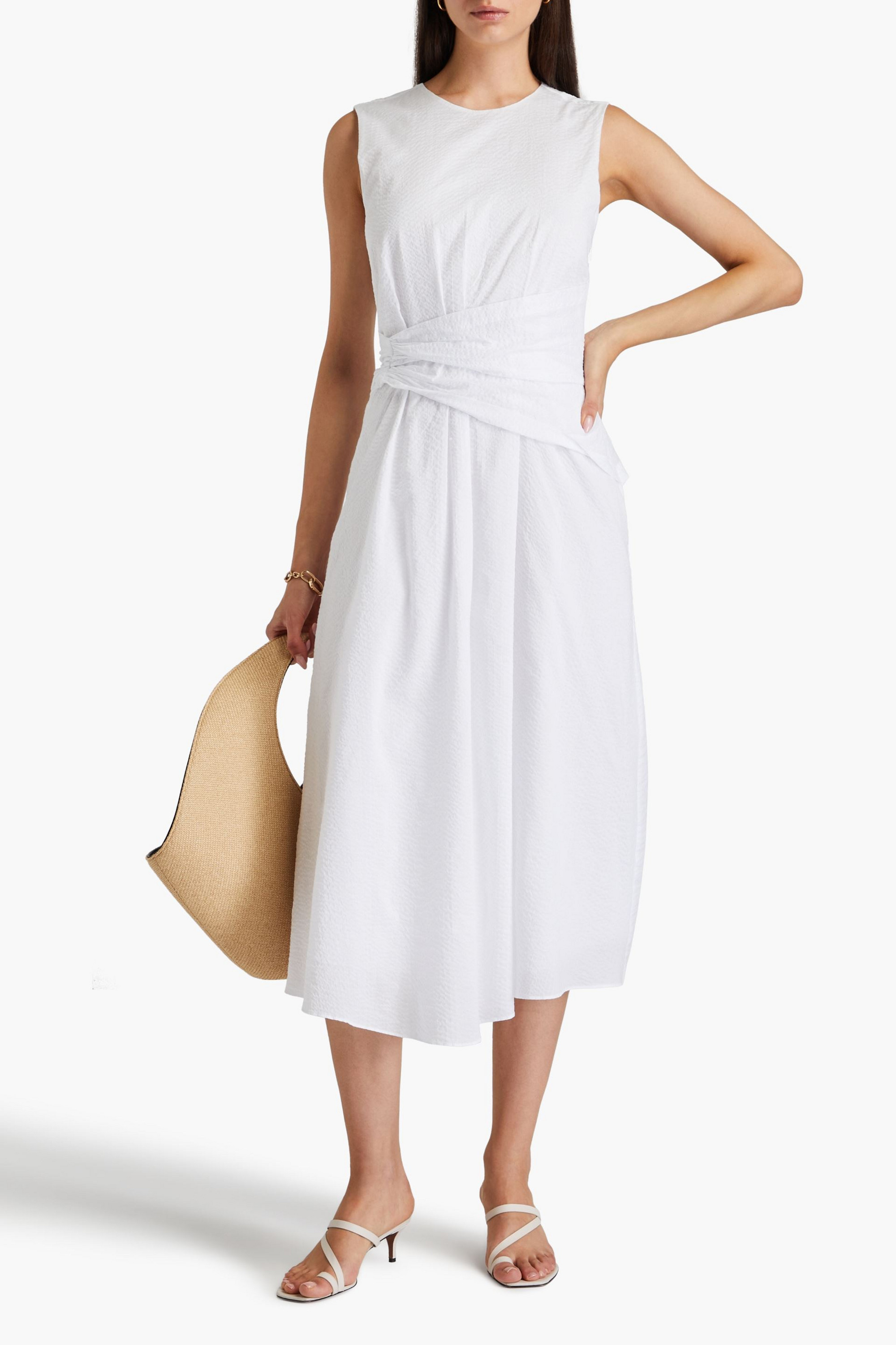 FRAME Draped textured-cotton midi dress