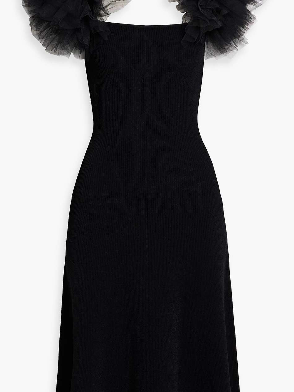ruffled tulle and ribbed-knit midi dress