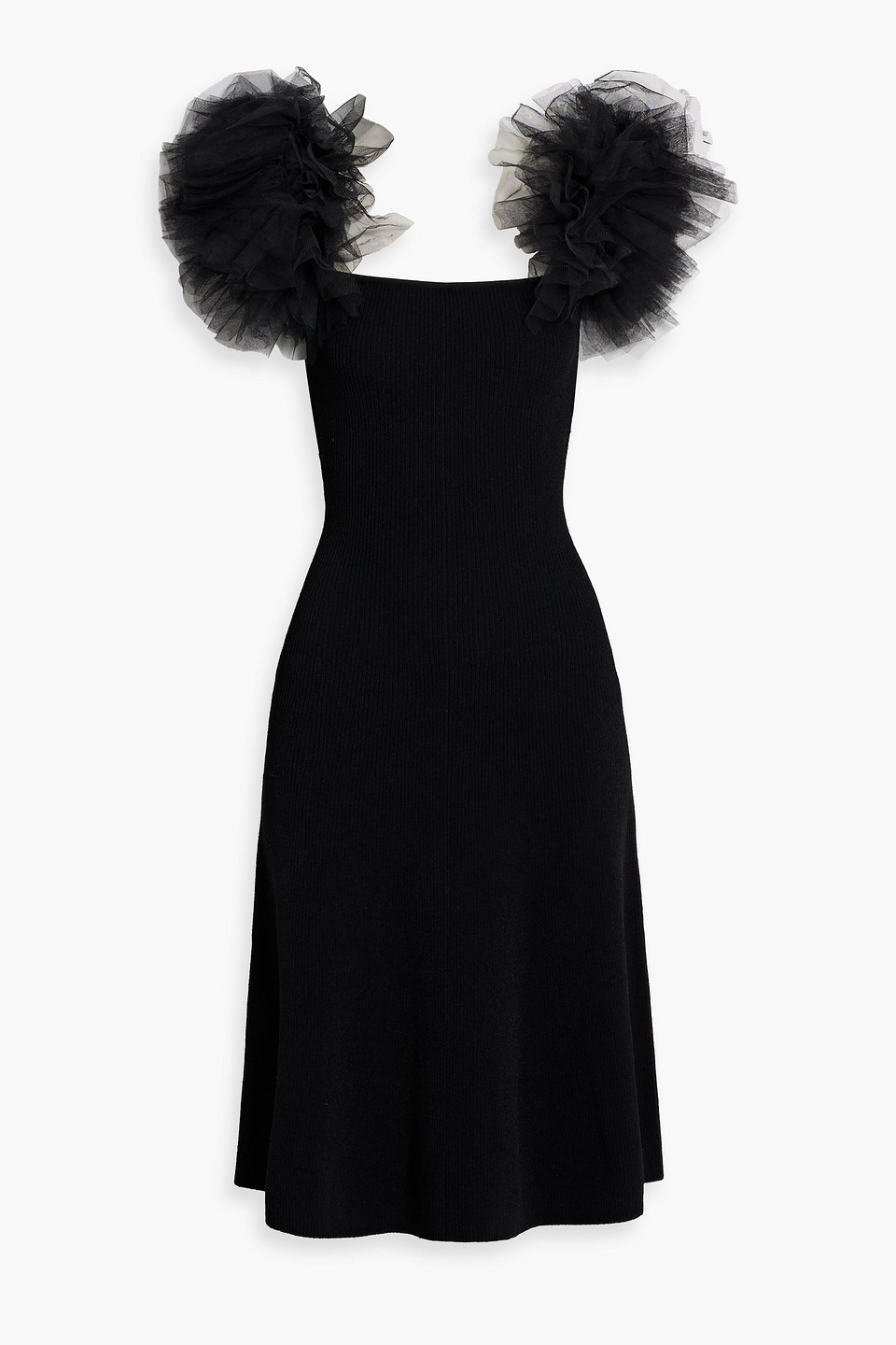 Ruffled tulle and ribbed-knit midi dress
