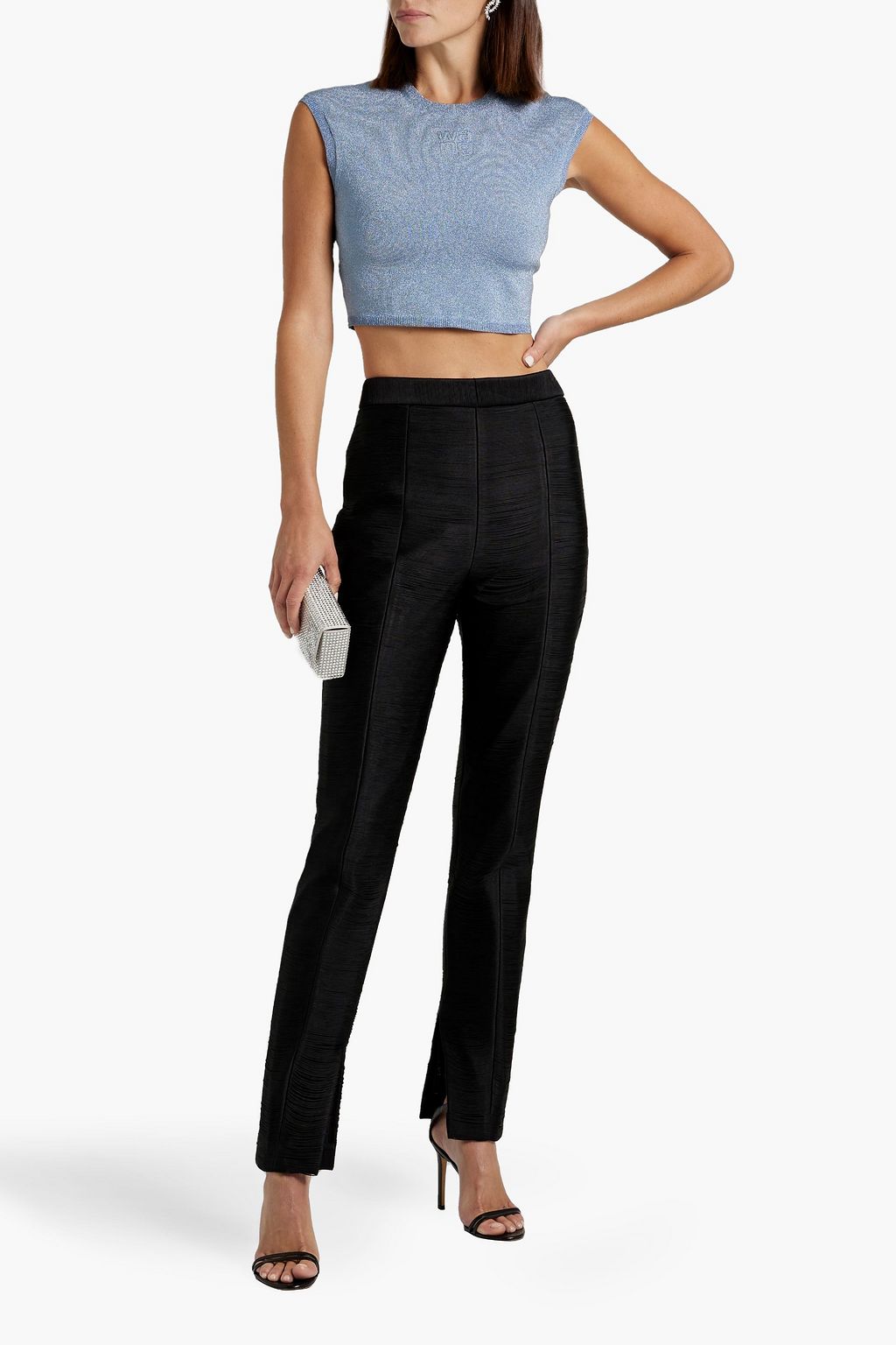 ALEXANDERWANG.T بلوزة قصيرة بحبكة من نسيج مطاطي وبلون معدني