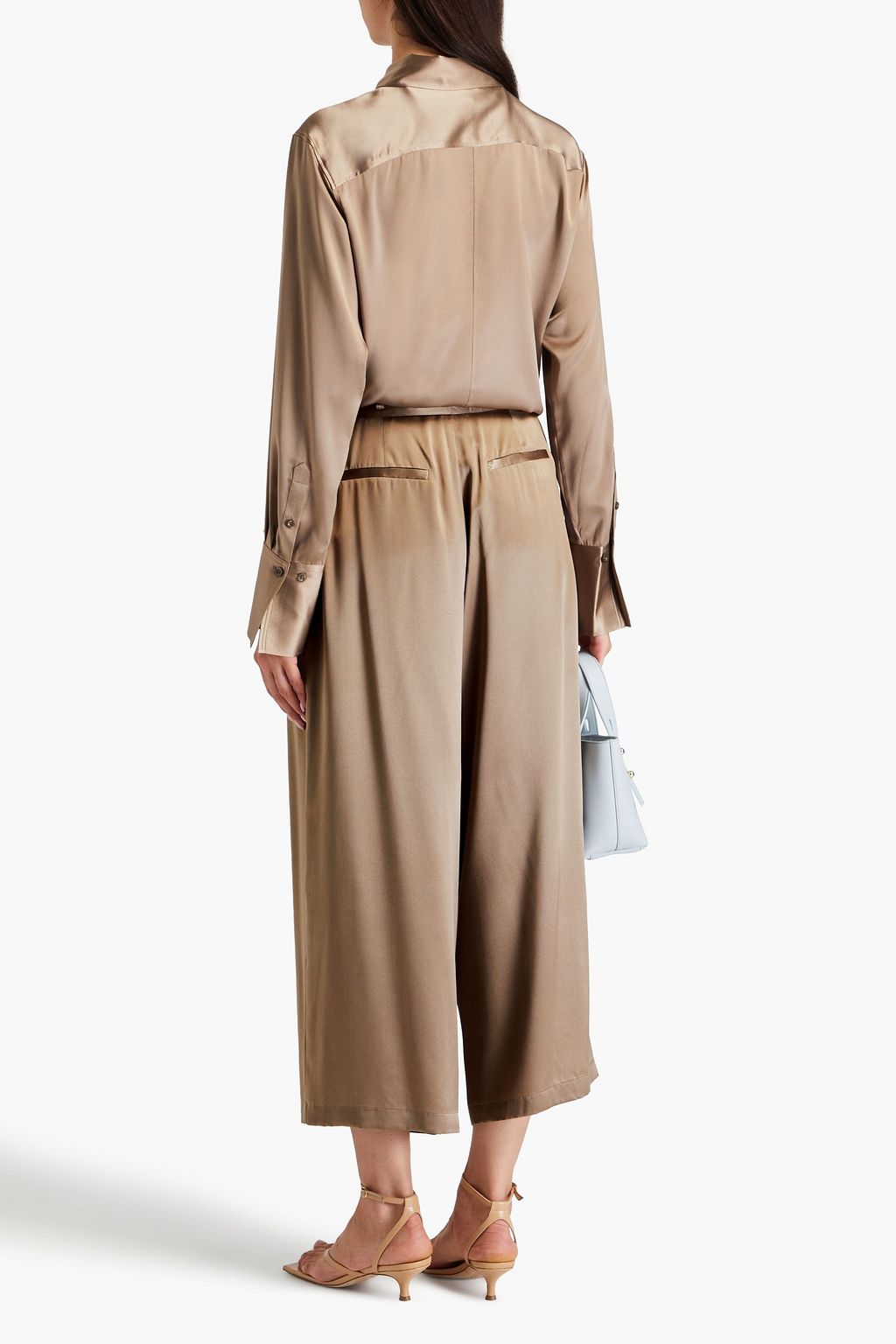FRAME Belted pleated silk-satin culottes