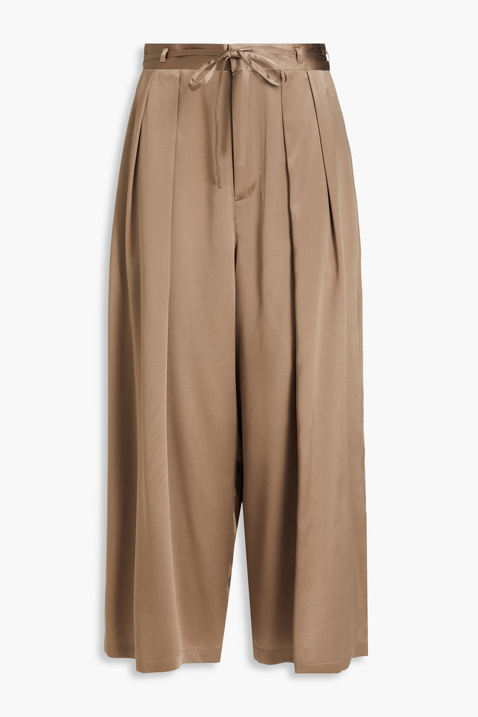 Frame Belted Pleated Silk-satin Culottes In Mushroom