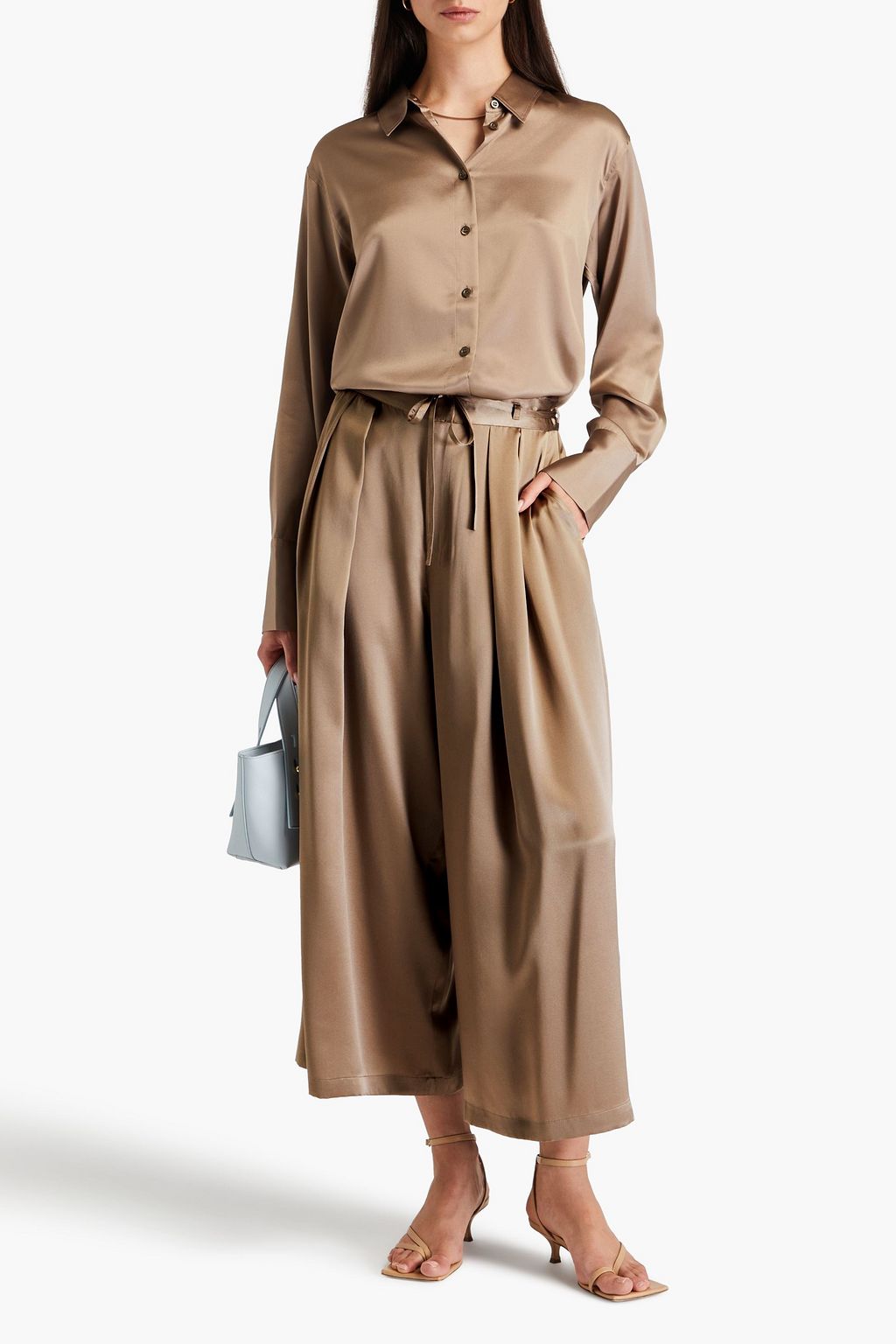 FRAME Belted pleated silk-satin culottes