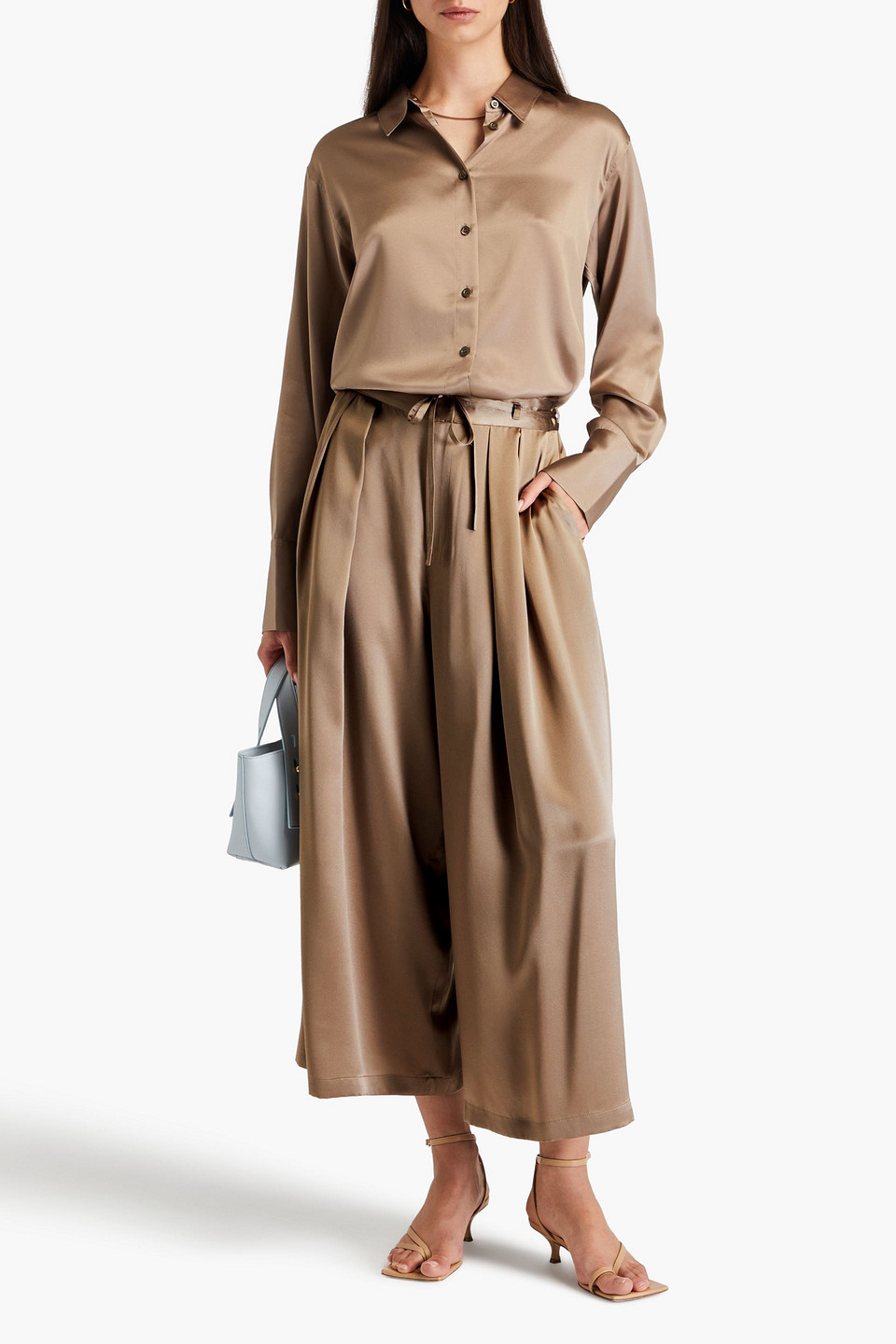 Frame Belted Pleated Silk-satin Culottes In Mushroom