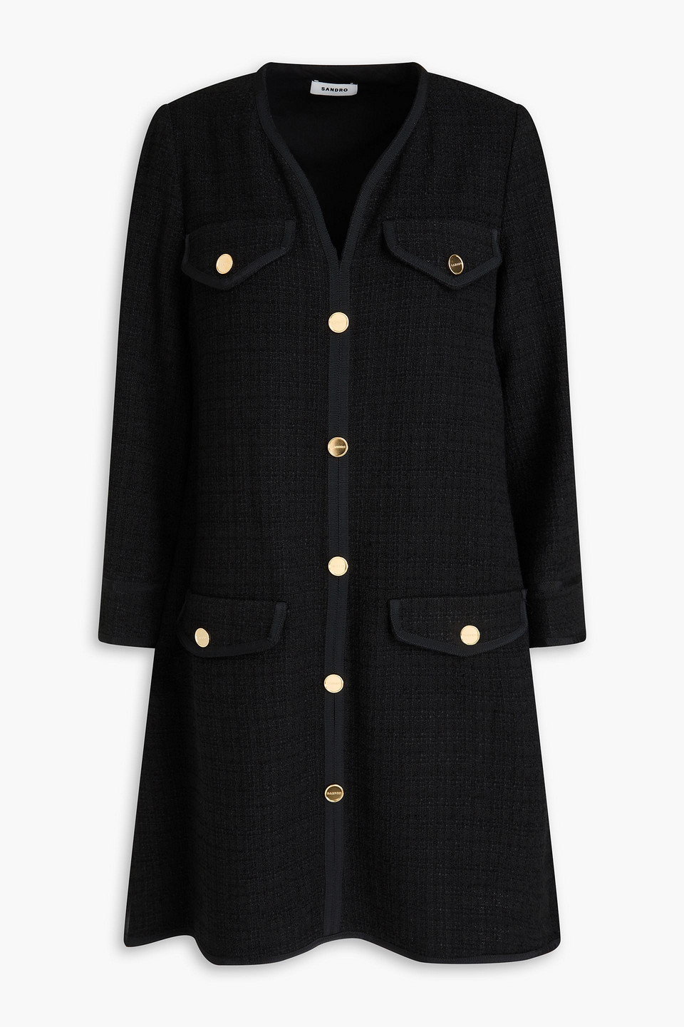 Sandro Button-embellished Bouclé-tweed Mini Dress In Black