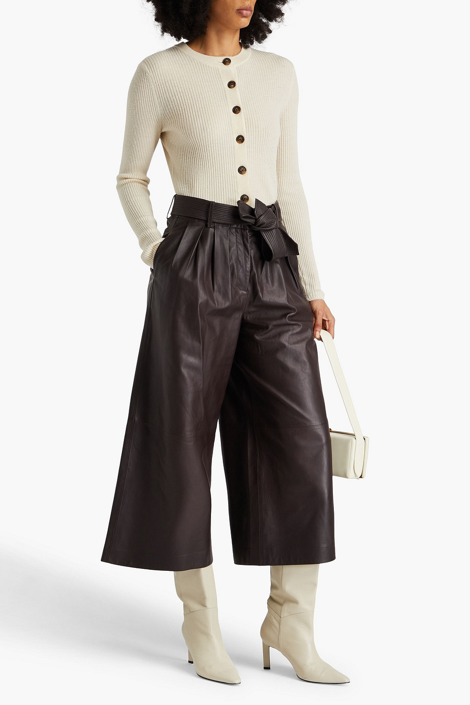 Cara Cara Ira Belted Pleated Leather Culottes In Dunkelbraun