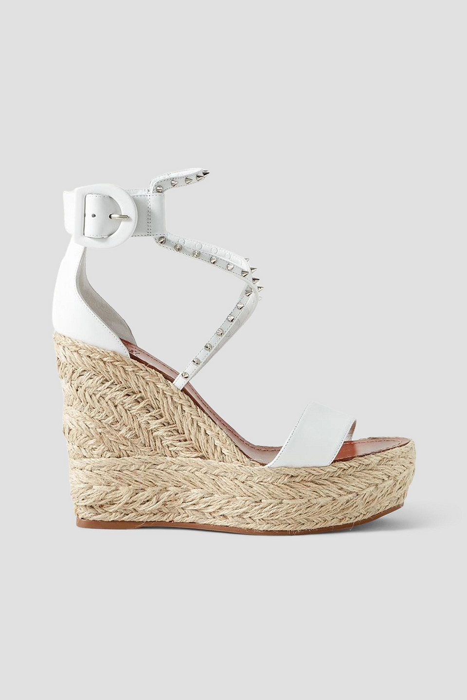 CHRISTIAN LOUBOUTIN CHOCAZEPPA 120 STUDDED LEATHER ESPADRILLE WEDGE SANDALS