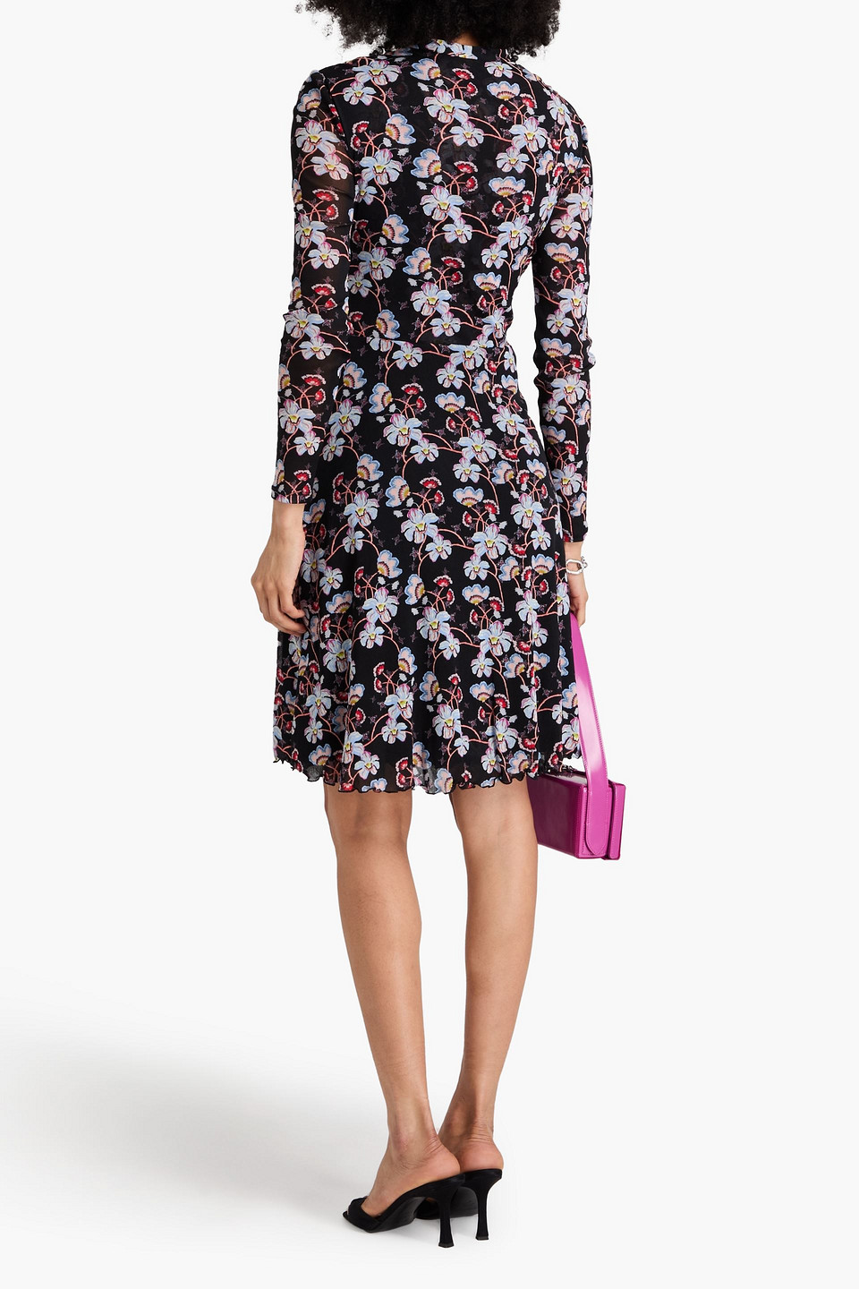 Diane Von Furstenberg Brenda Pleated Floral-print Stretch-mesh Dress In Black
