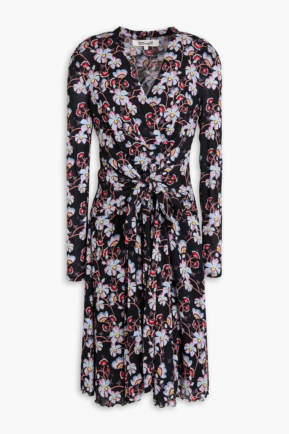 Diane Von Furstenberg Brenda Pleated Floral-print Stretch-mesh Dress In Black