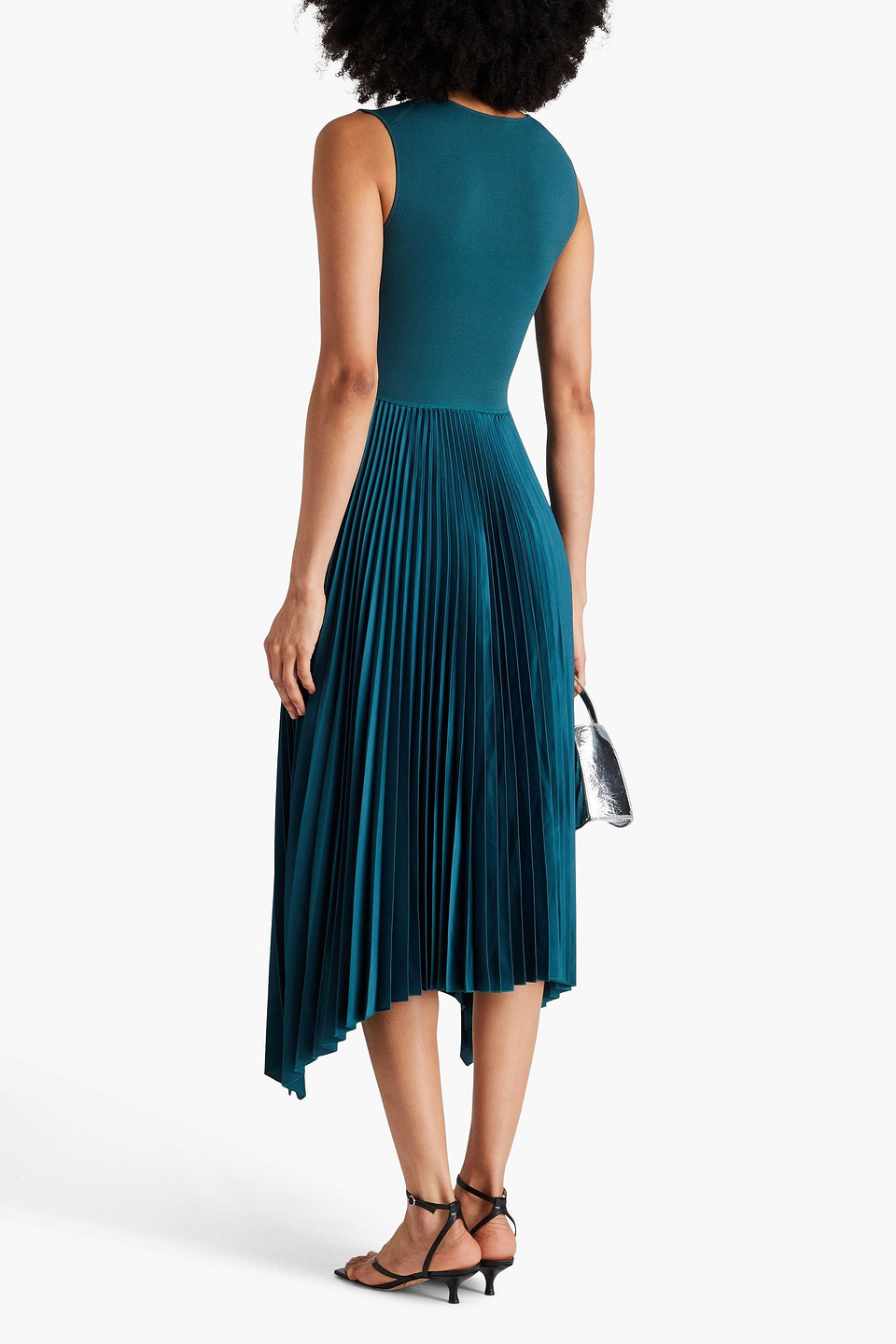 Shop Joseph Dera Asymmetric Pleated Stretch-knit And Satin Midi Dress In Petrol