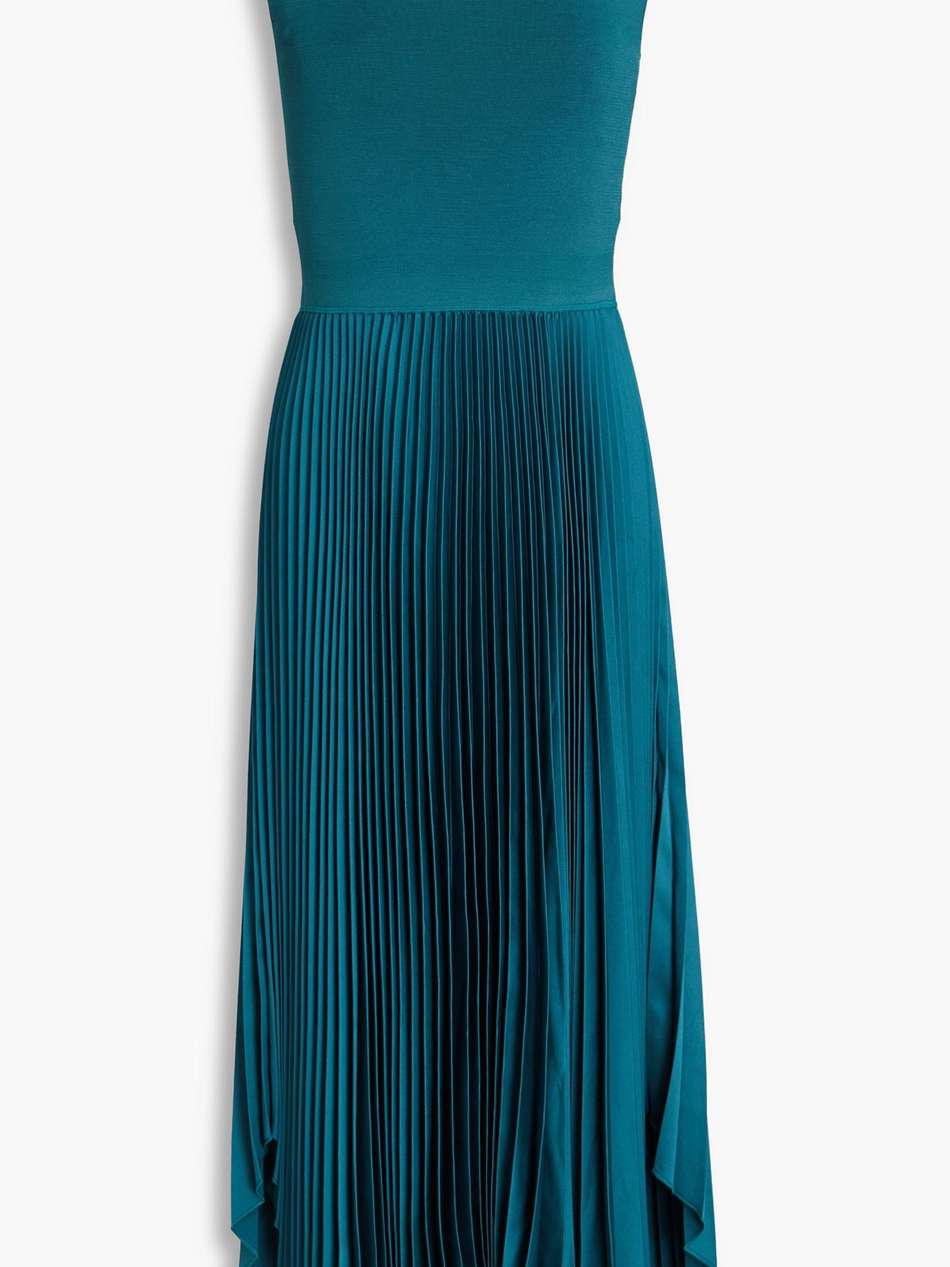 dera asymmetric pleated stretch-knit and satin midi dress