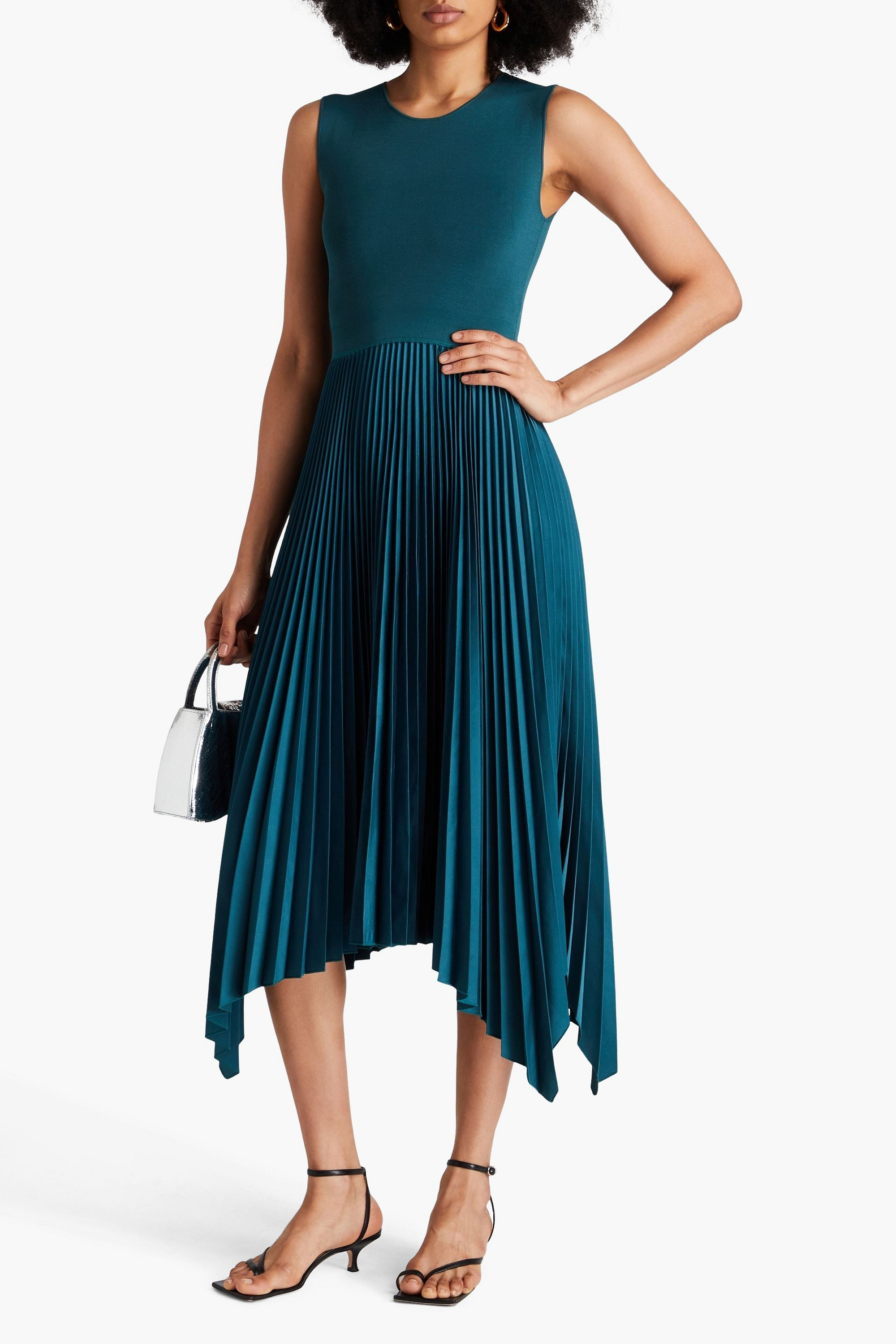 JOSEPH Dera asymmetric pleated stretch-knit and satin midi dress