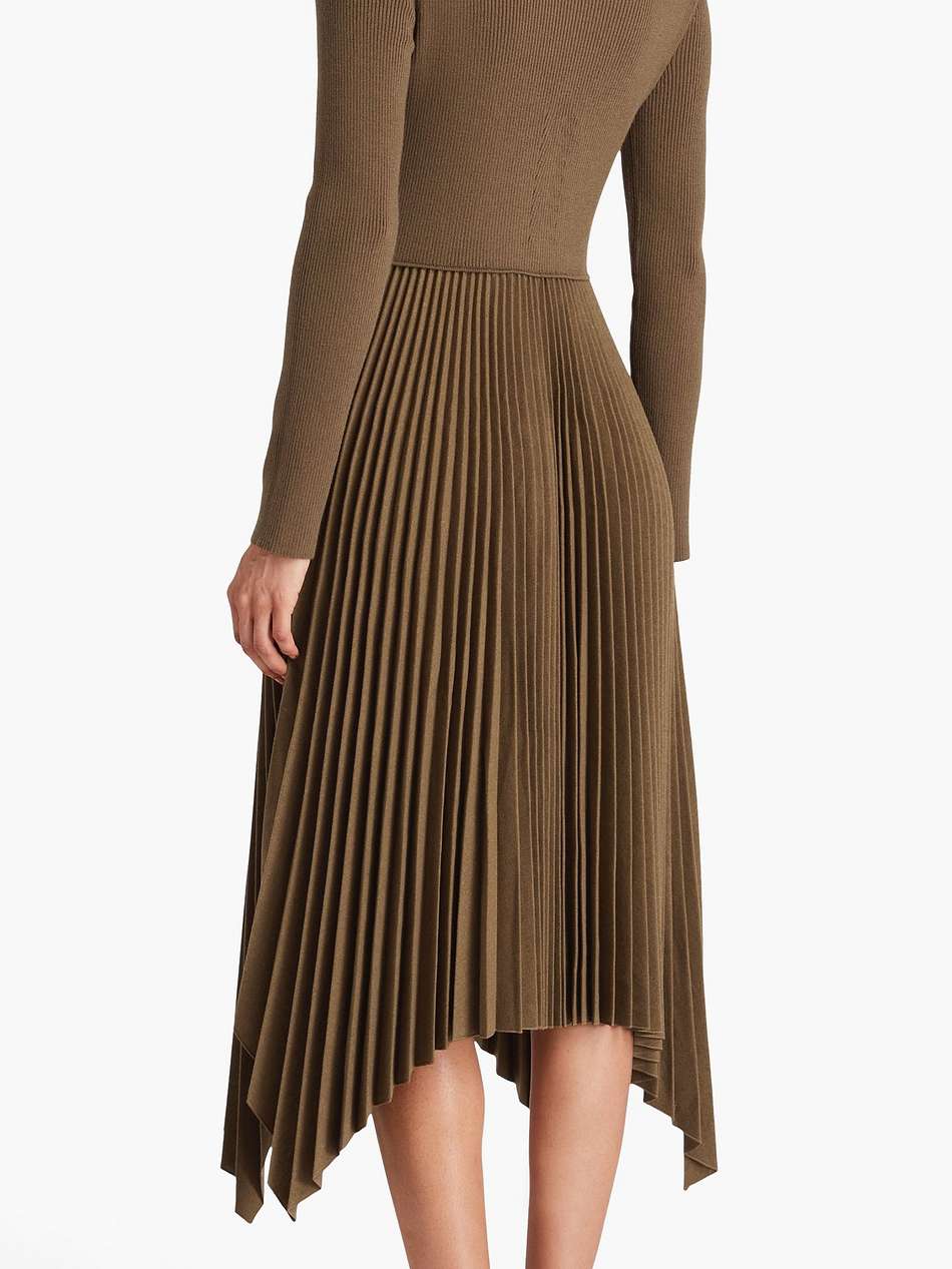 pleated ribbed wool-blend and flannel midi dress