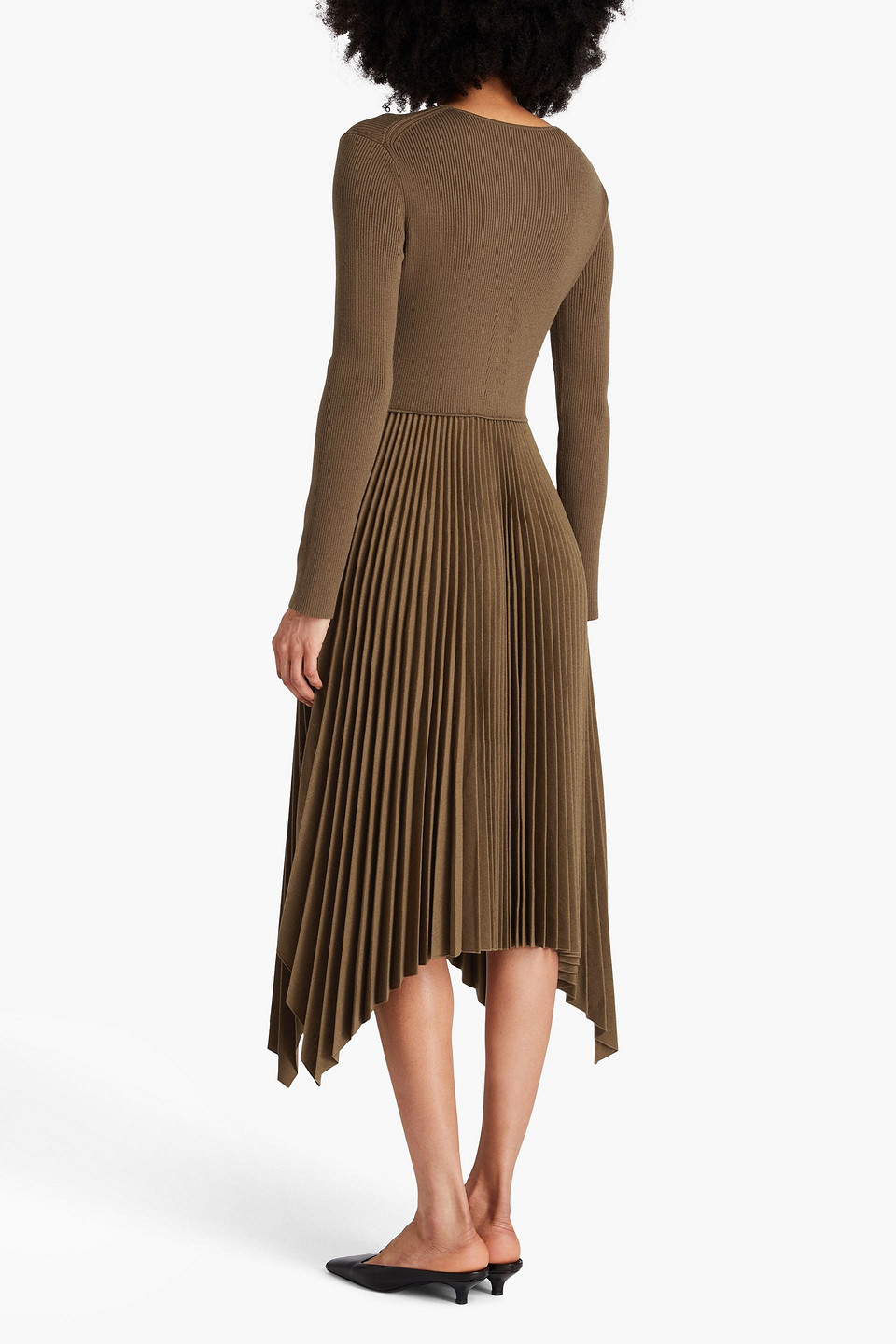 JOSEPH PLEATED RIBBED WOOL-BLEND AND FLANNEL MIDI DRESS