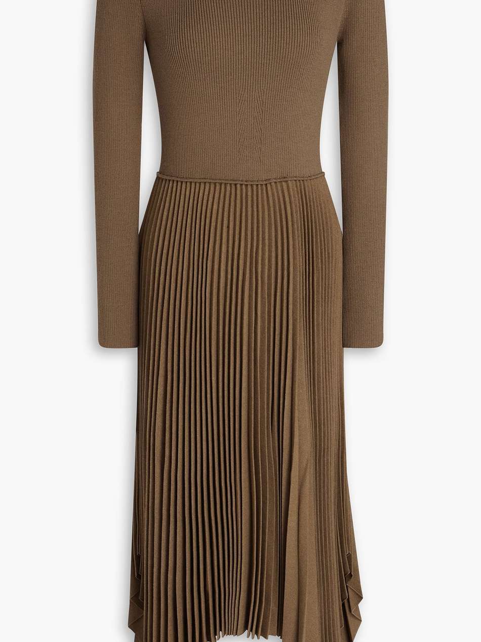 pleated ribbed wool-blend and flannel midi dress