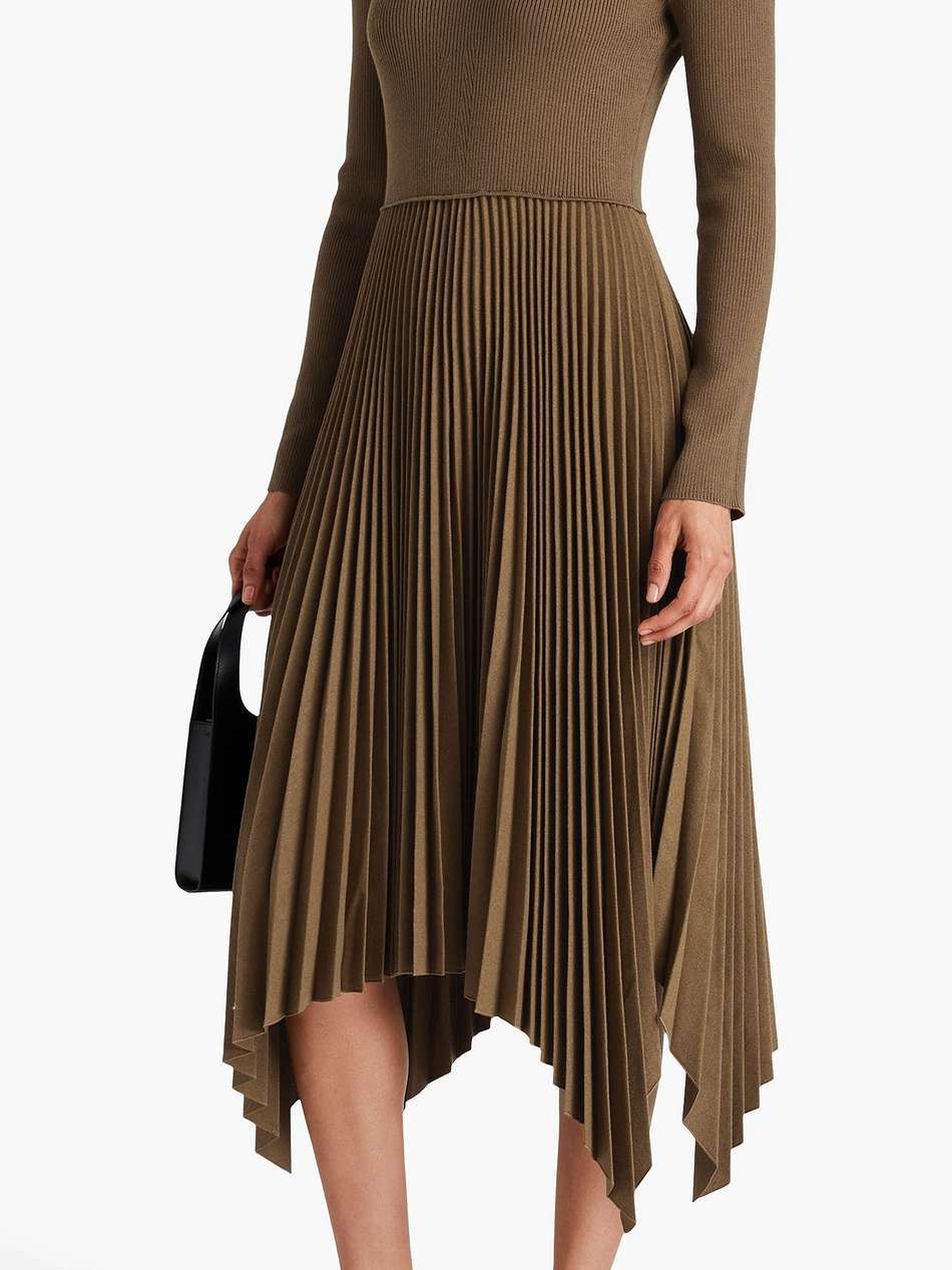 pleated ribbed wool-blend and flannel midi dress