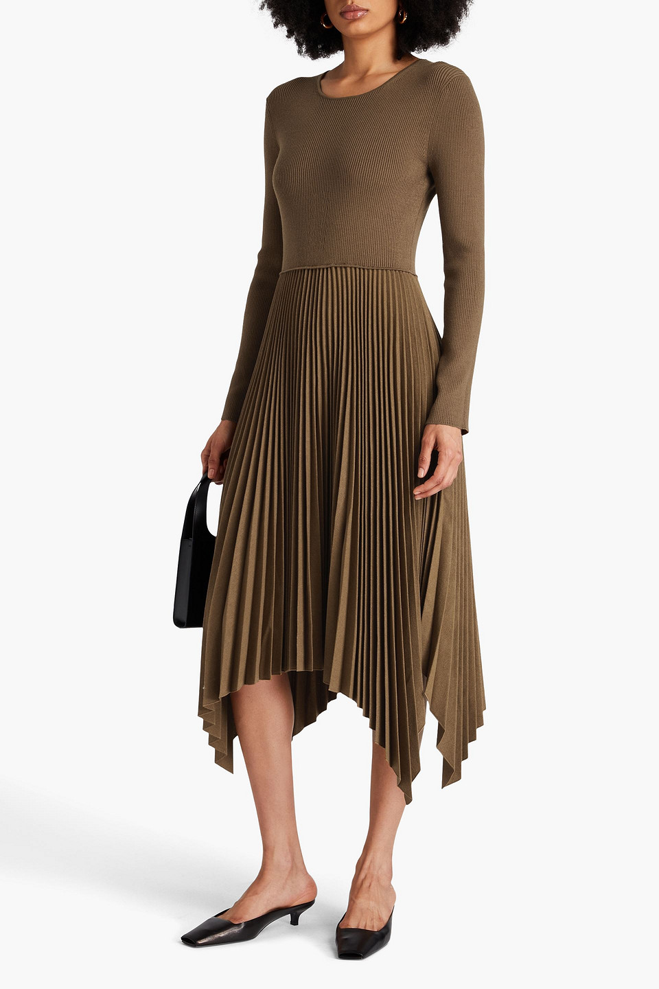 JOSEPH PLEATED RIBBED WOOL-BLEND AND FLANNEL MIDI DRESS