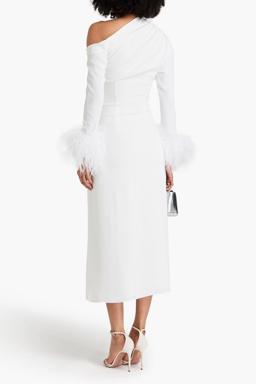 16ARLINGTON Adelaide one-shoulder feather-trimmed crepe midi dress