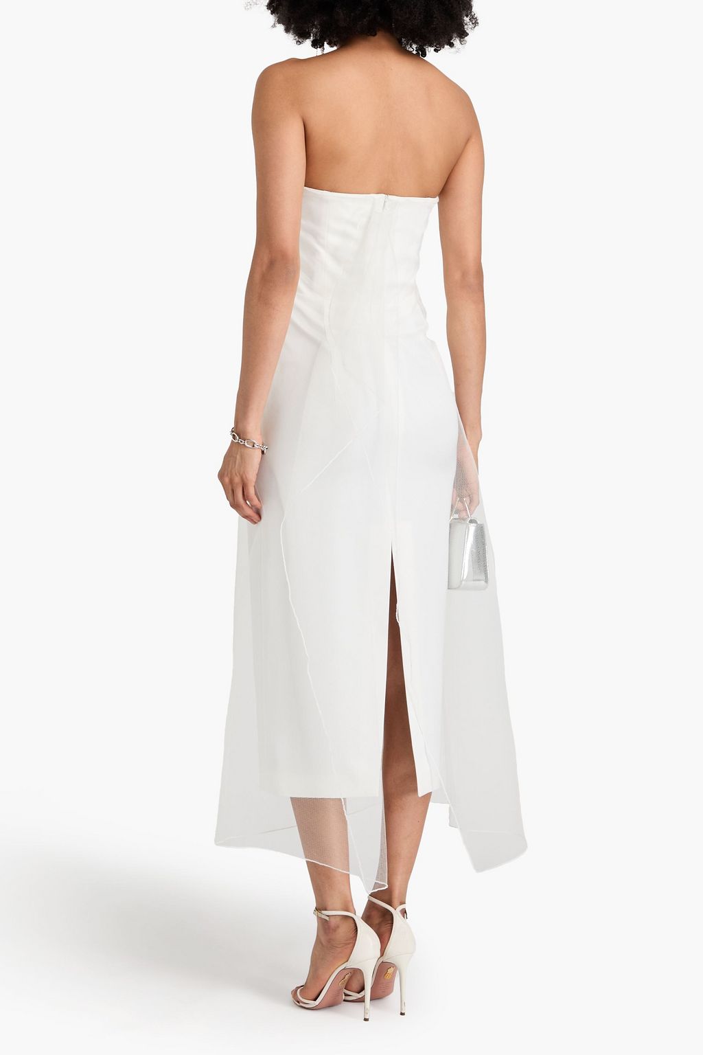 16ARLINGTON Minelli strapless feather-trimmed tulle and satin midi dress