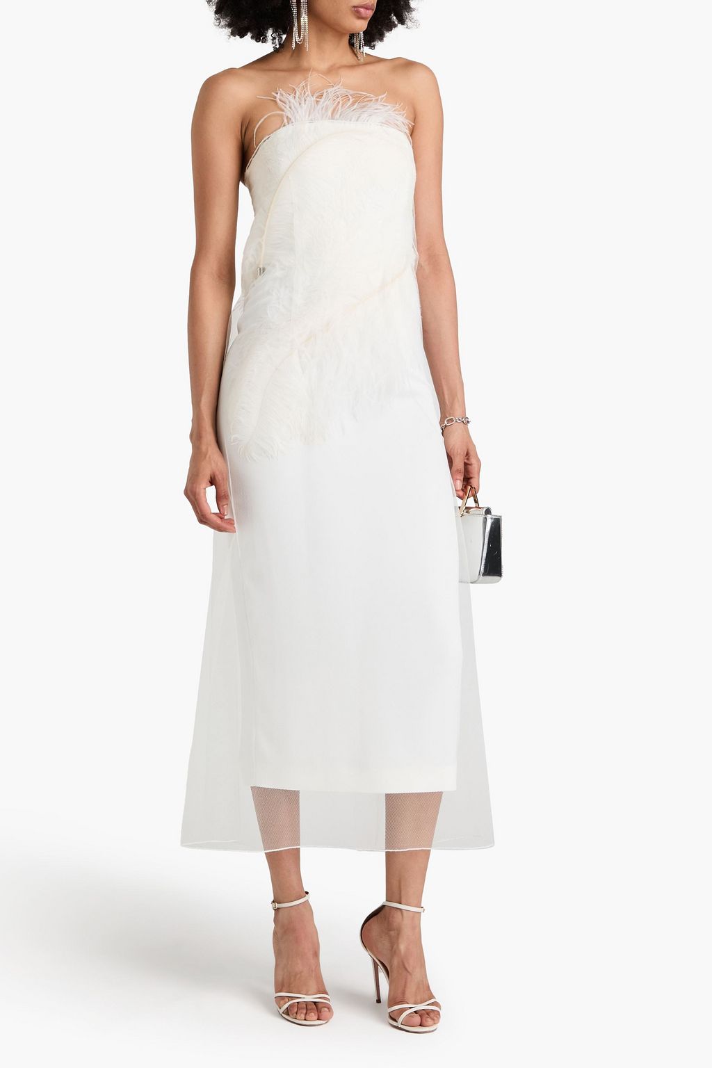 16ARLINGTON Minelli strapless feather-trimmed tulle and satin midi dress