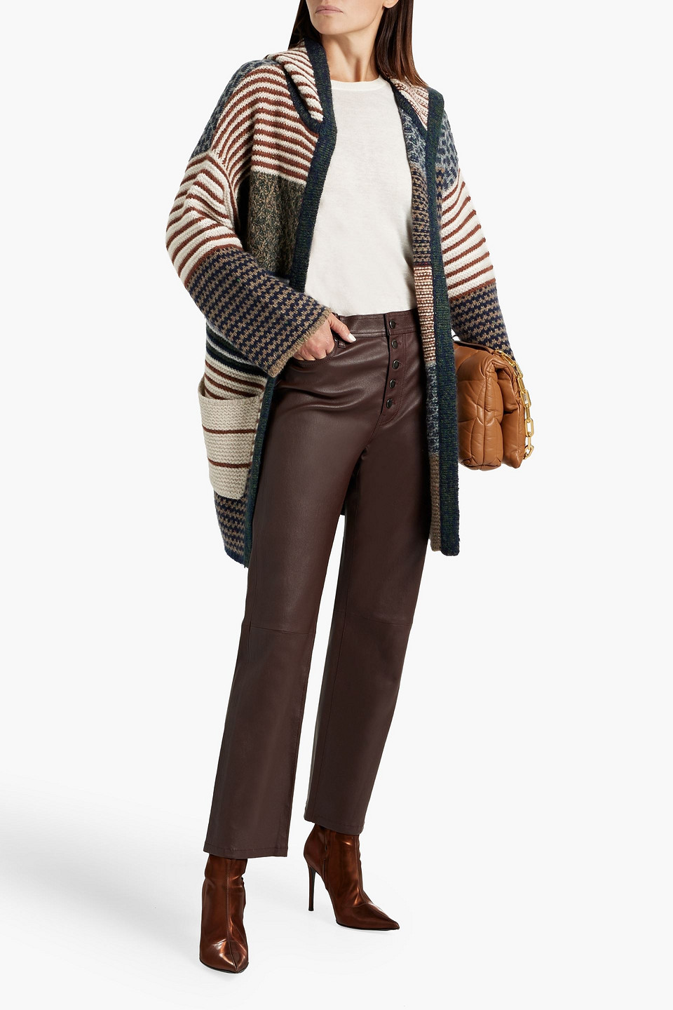 Shop Autumn Cashmere Patchwork-effect Hooded Wool Cardigan In Navy