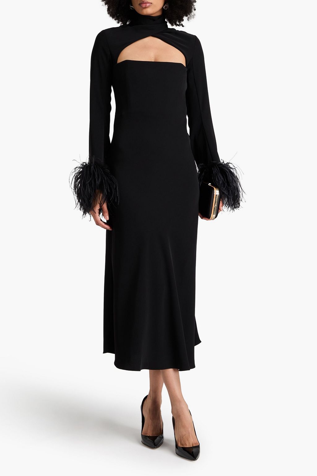 16ARLINGTON Odessa cutout feather-trimmed satin midi dress