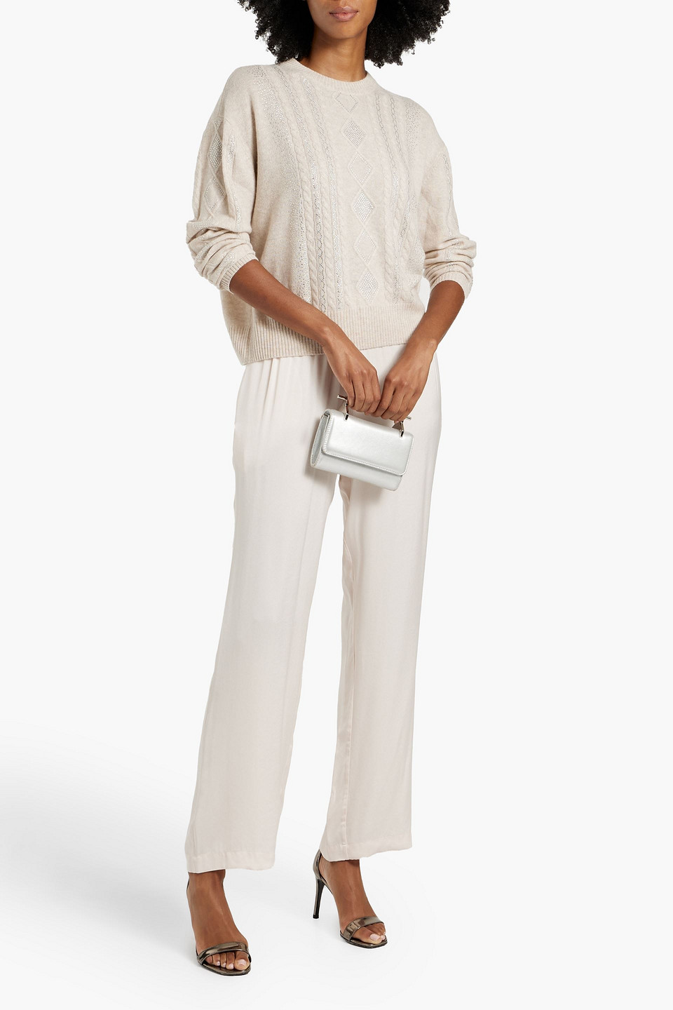 Autumn Cashmere Crystal-embellished Cable-knit Cashmere Sweater In Beige