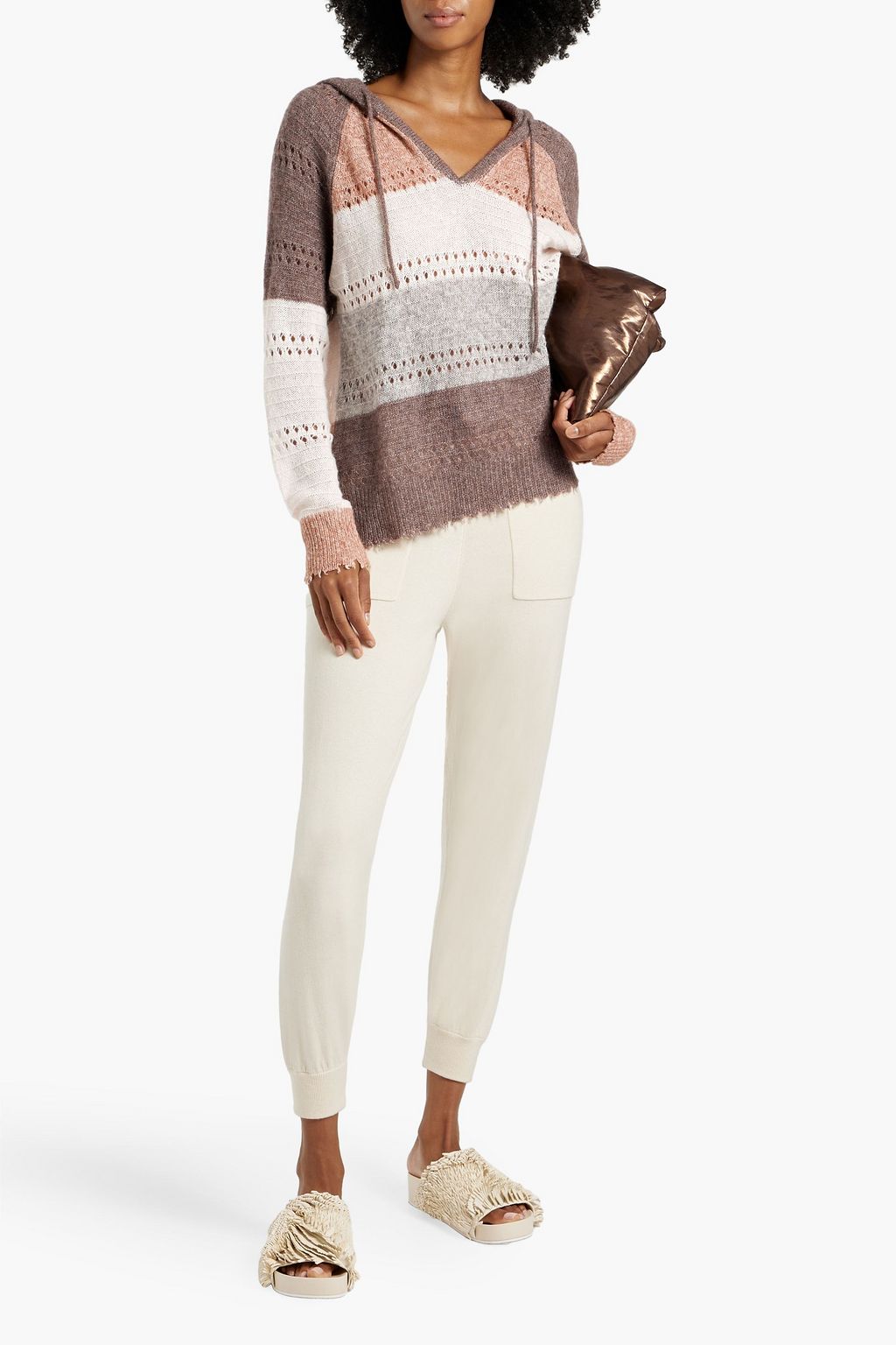 AUTUMN CASHMERE Striped pointelle-knit cashmere and silk-blend hoodie