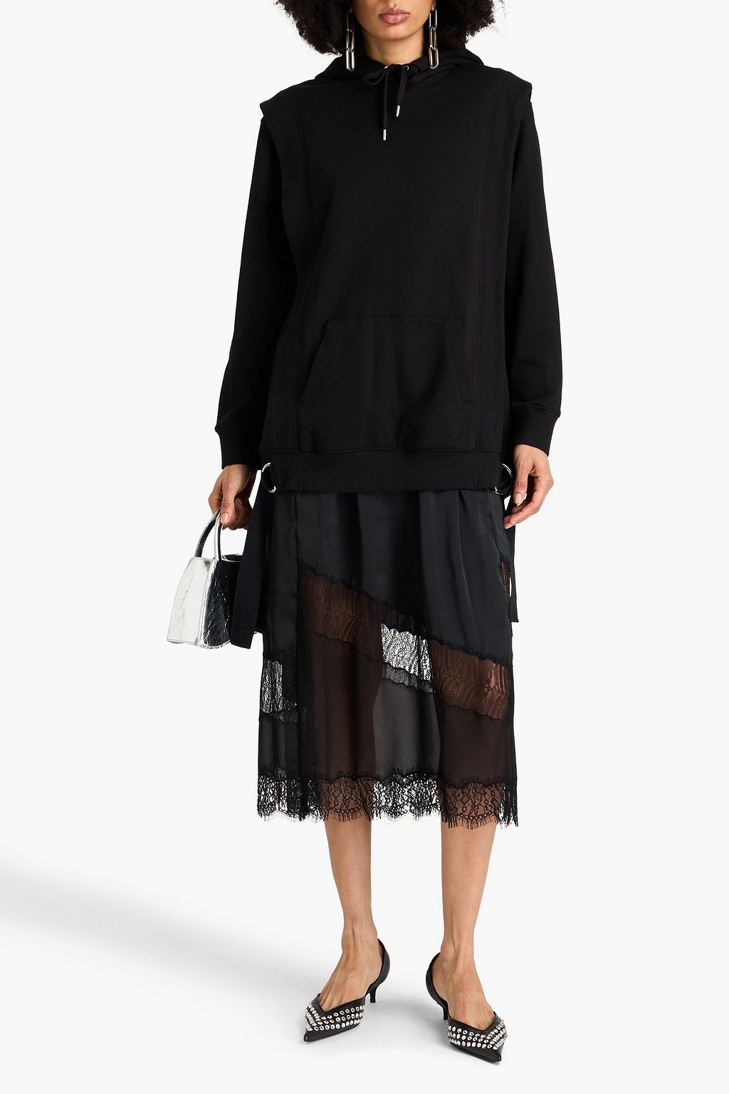 3.1 PHILLIP LIM Lace-trimmed satin and French cotton-terry midi dress