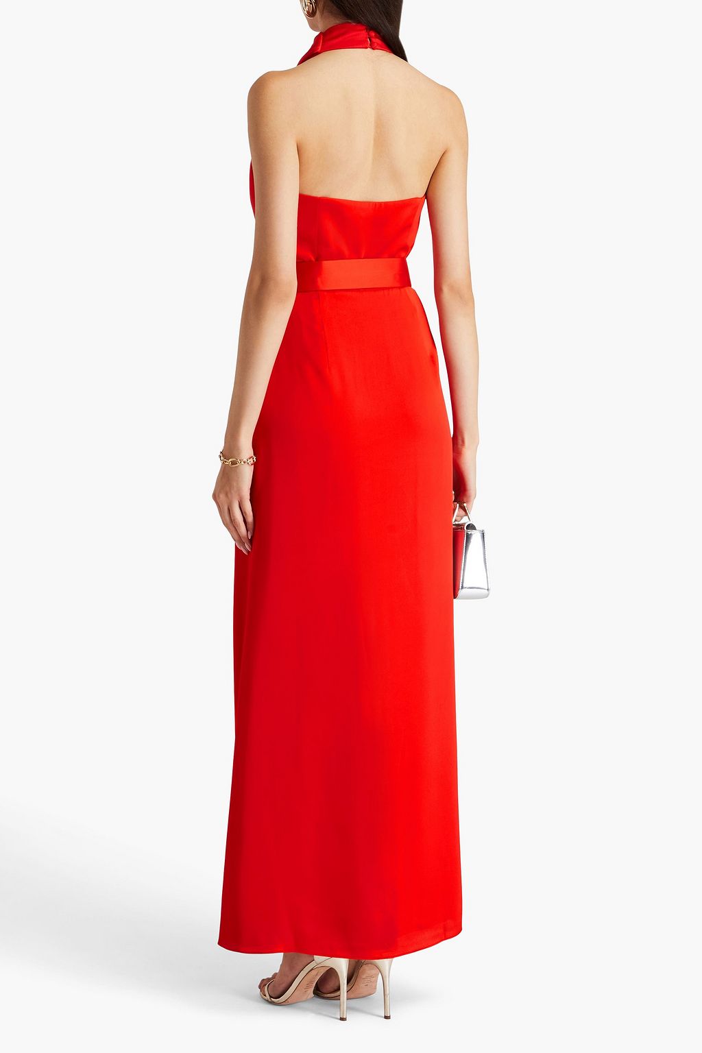 NICHOLAS Belted wrap-effect satin-crepe halterneck gown