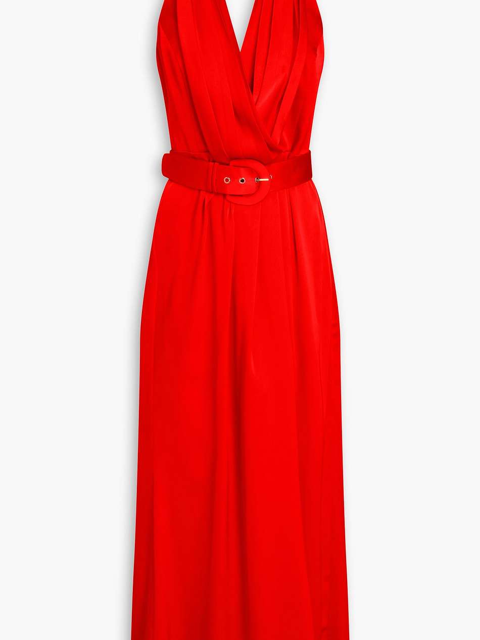 belted wrap-effect satin-crepe halterneck gown