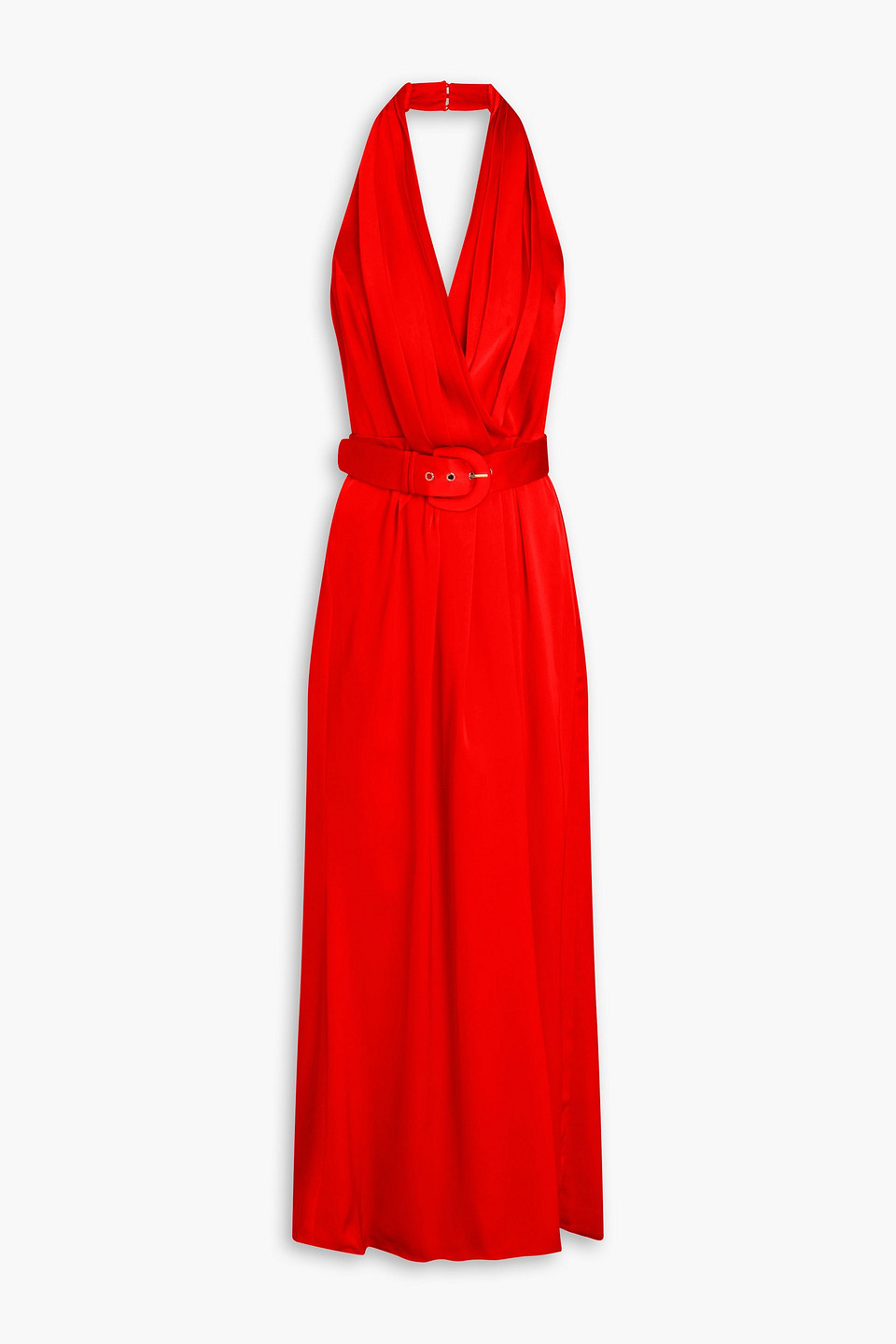 Nicholas Lacey Belted Wrap-effect Satin-crepe Halterneck Gown In Red
