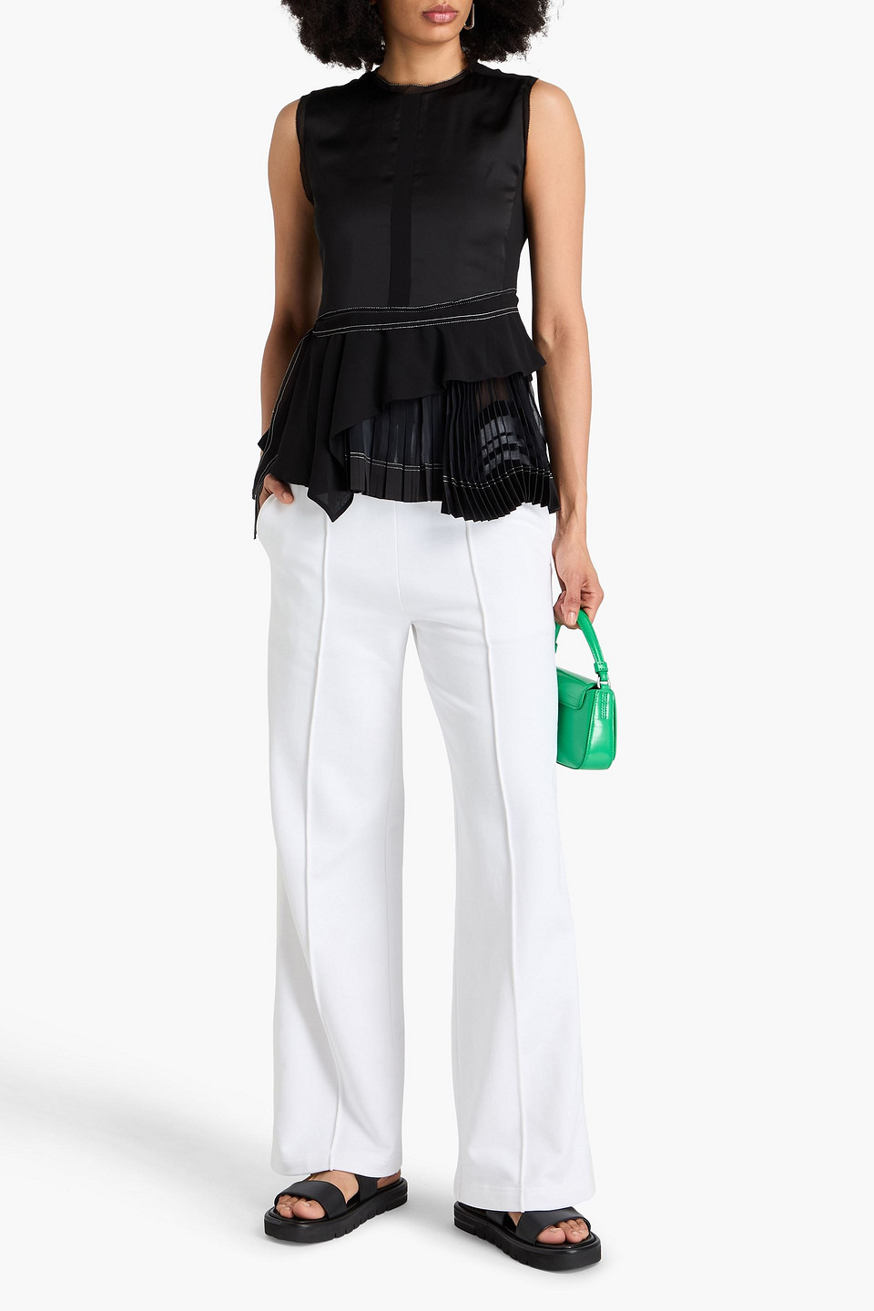 3.1 Phillip Lim Layered Pleated Chiffon And Satin Top In Black