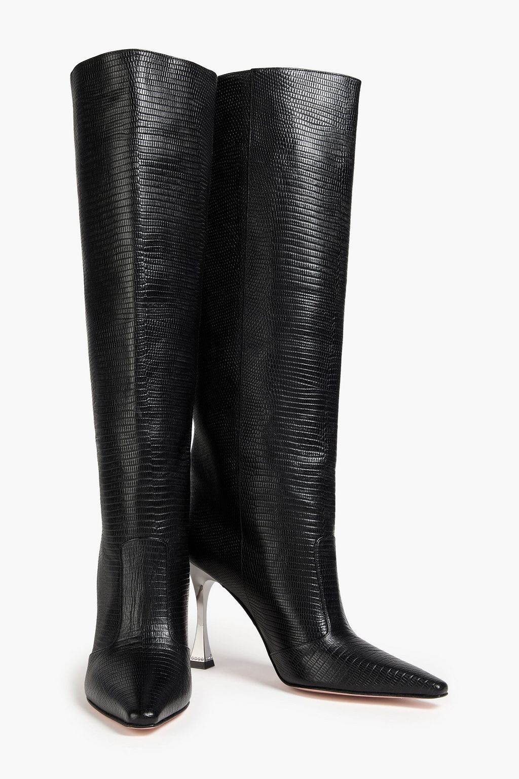 GINA Crystal-embellished lizard-effect leather knee boots