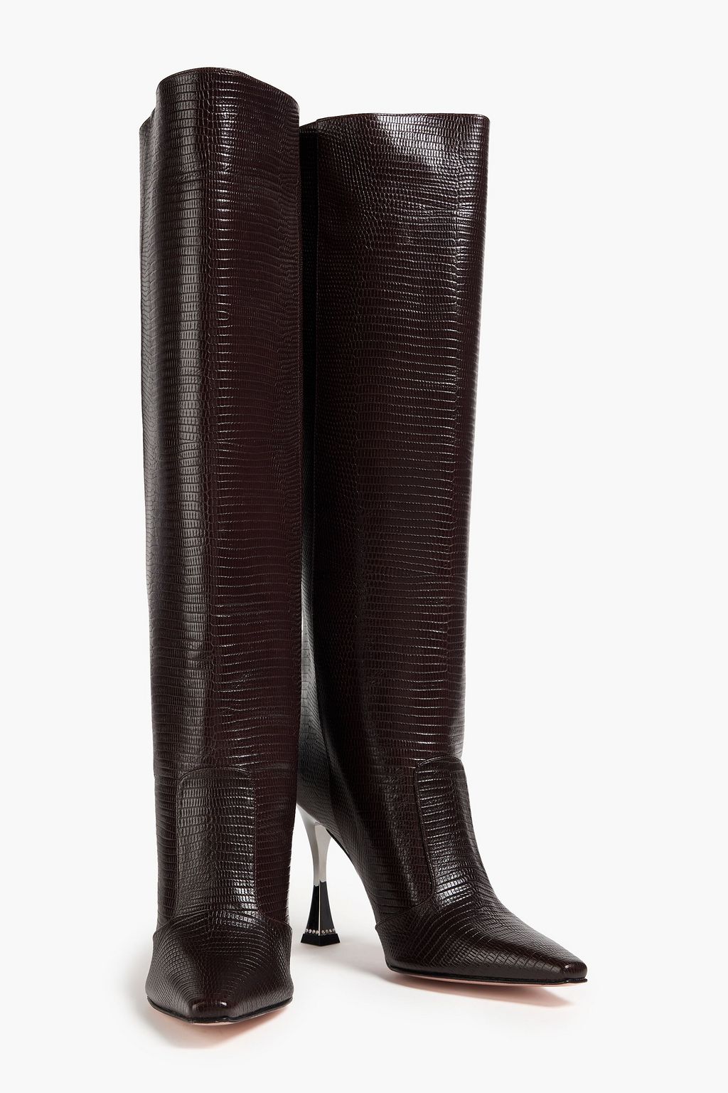 GINA Crystal-embellished lizard-effect leather knee boots