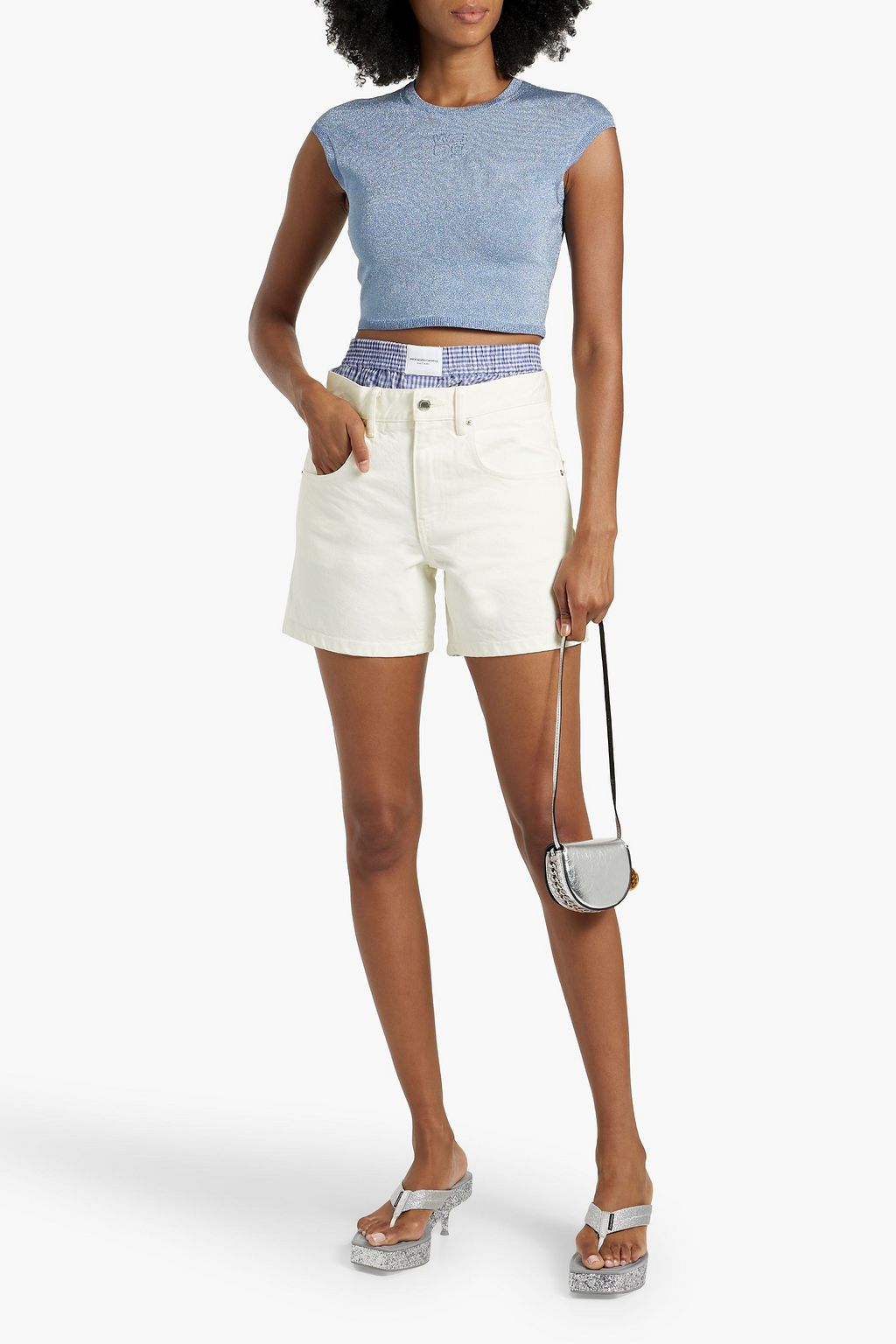 ALEXANDER WANG Checked cotton-poplin paneled denim shorts