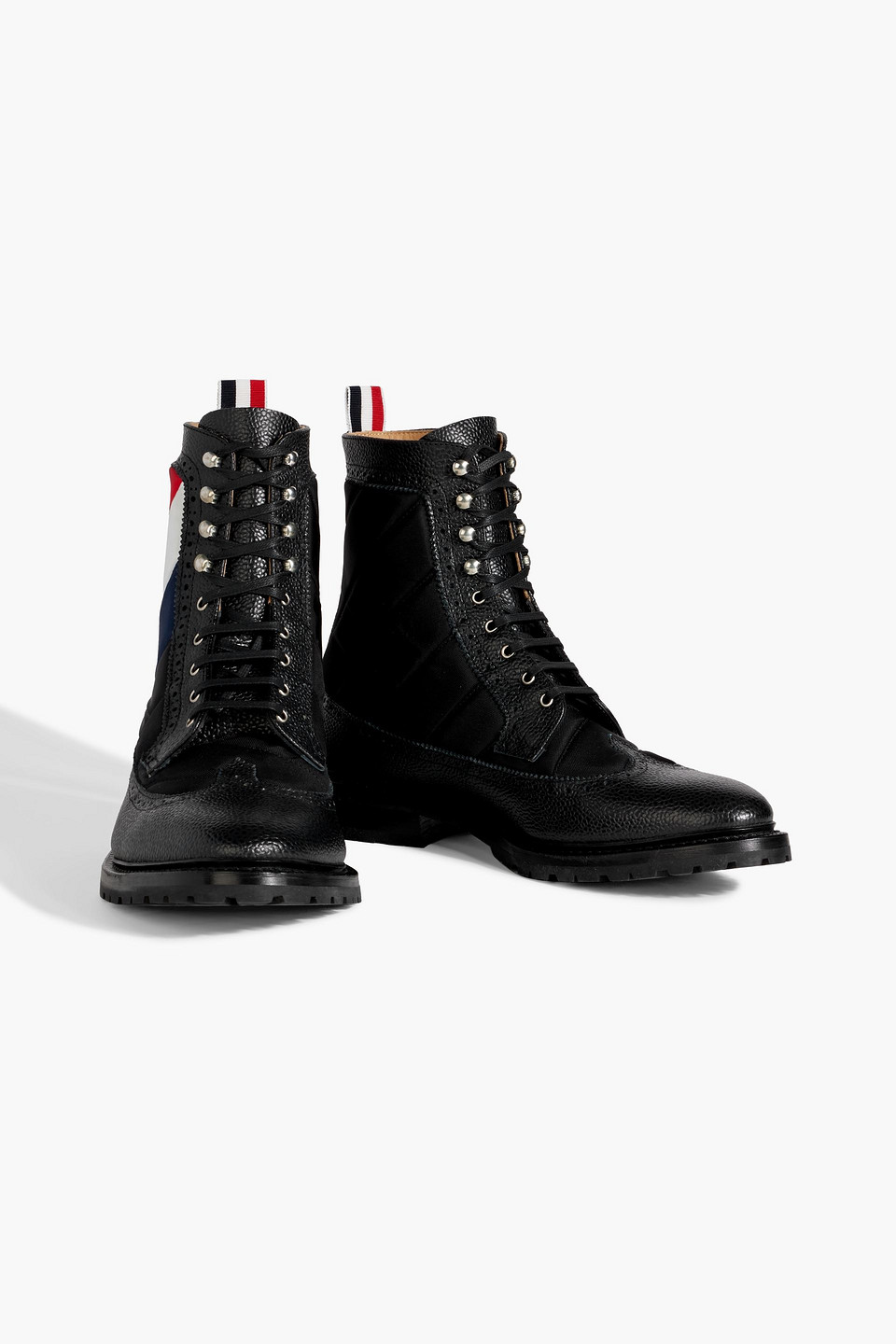 Thom Browne Striped Shell And Pebbled-leather Brogue Boots In Black