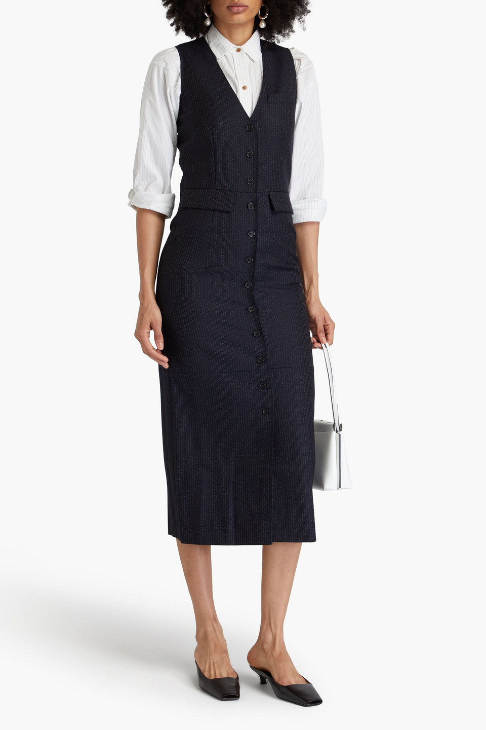 Shop Rohe Pinstriped Wool-twill Midi Dress In Navy