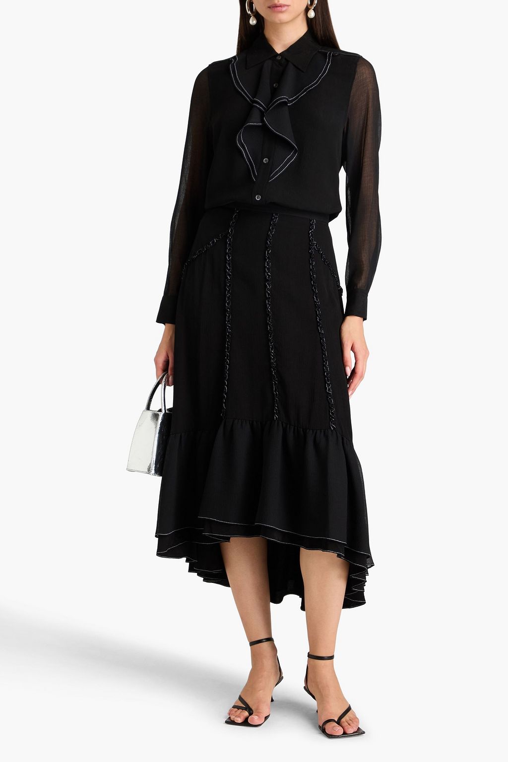 3.1 PHILLIP LIM تنورة متوسطة الطول من الكريب بتصميم بكشاكش