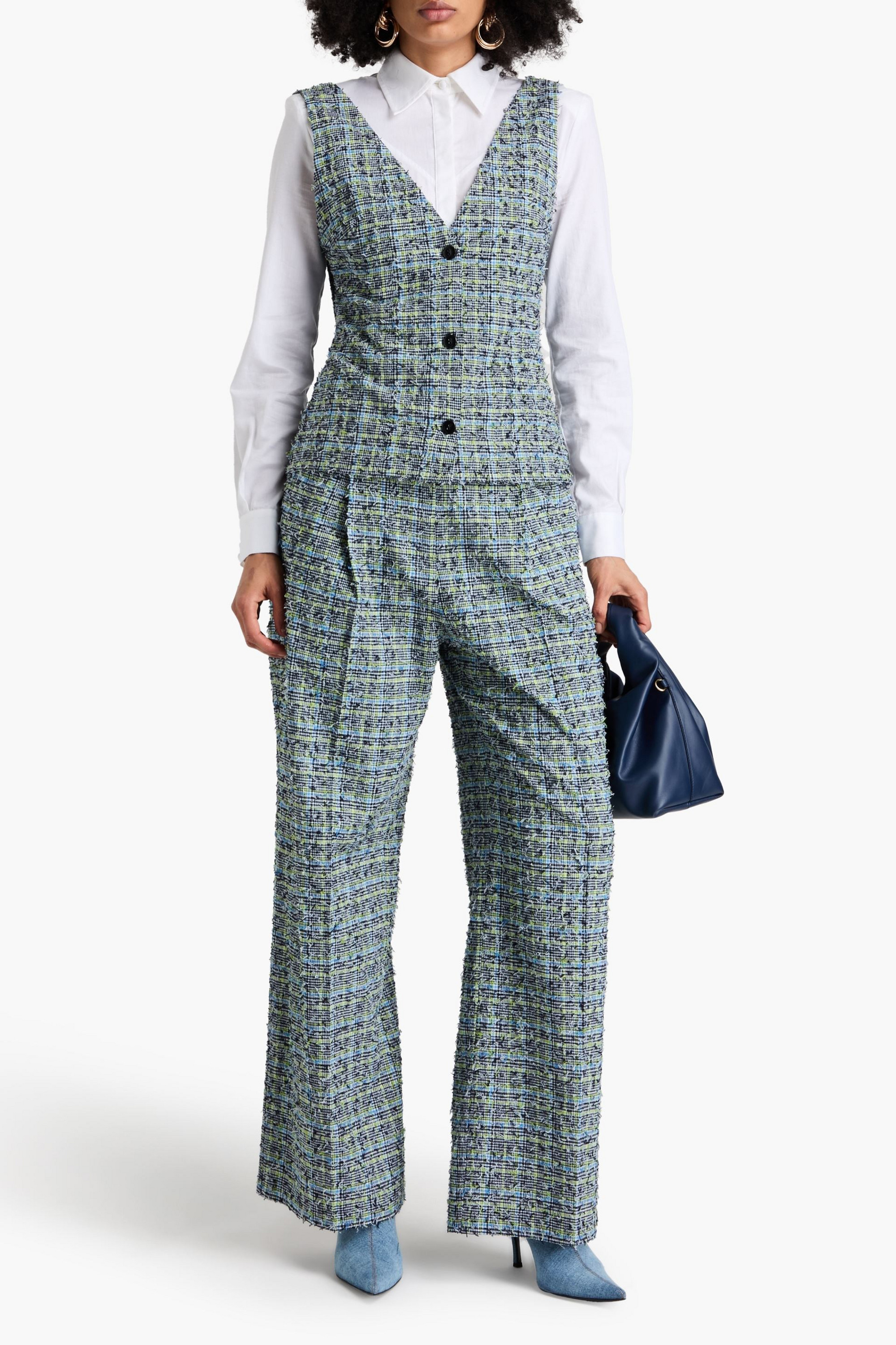 Stine Goya Jesabelle frayed houndstooth tweed wide-leg pants