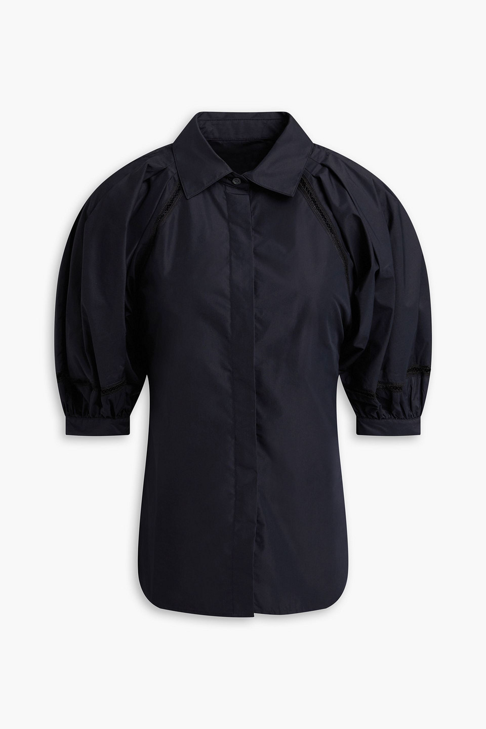 3.1 Phillip Lim Lattice-trimmed Pleated Cotton-blend Poplin Shirt In Midnight Blue