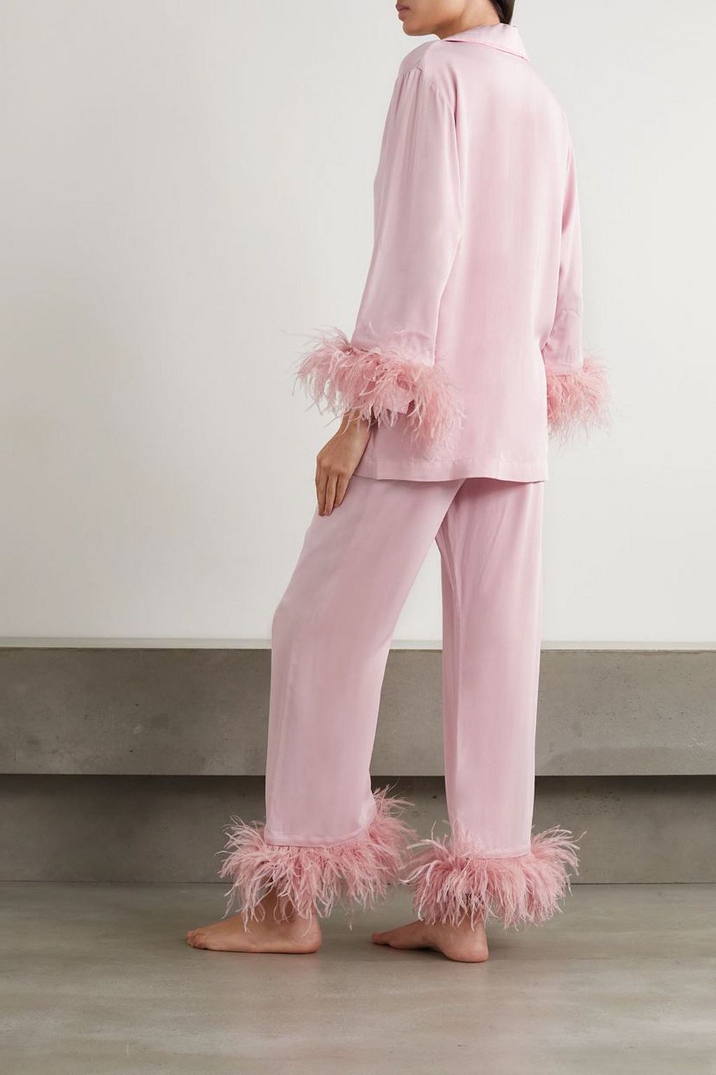 SLEEPER Feather-trimmed crepe de chine pajama set