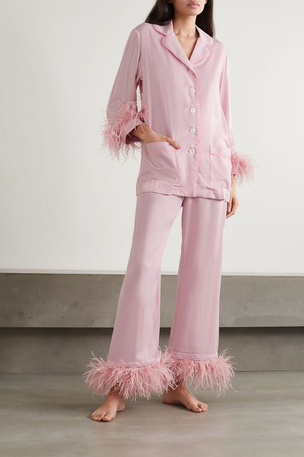 SLEEPER Feather-trimmed crepe de chine pajama set