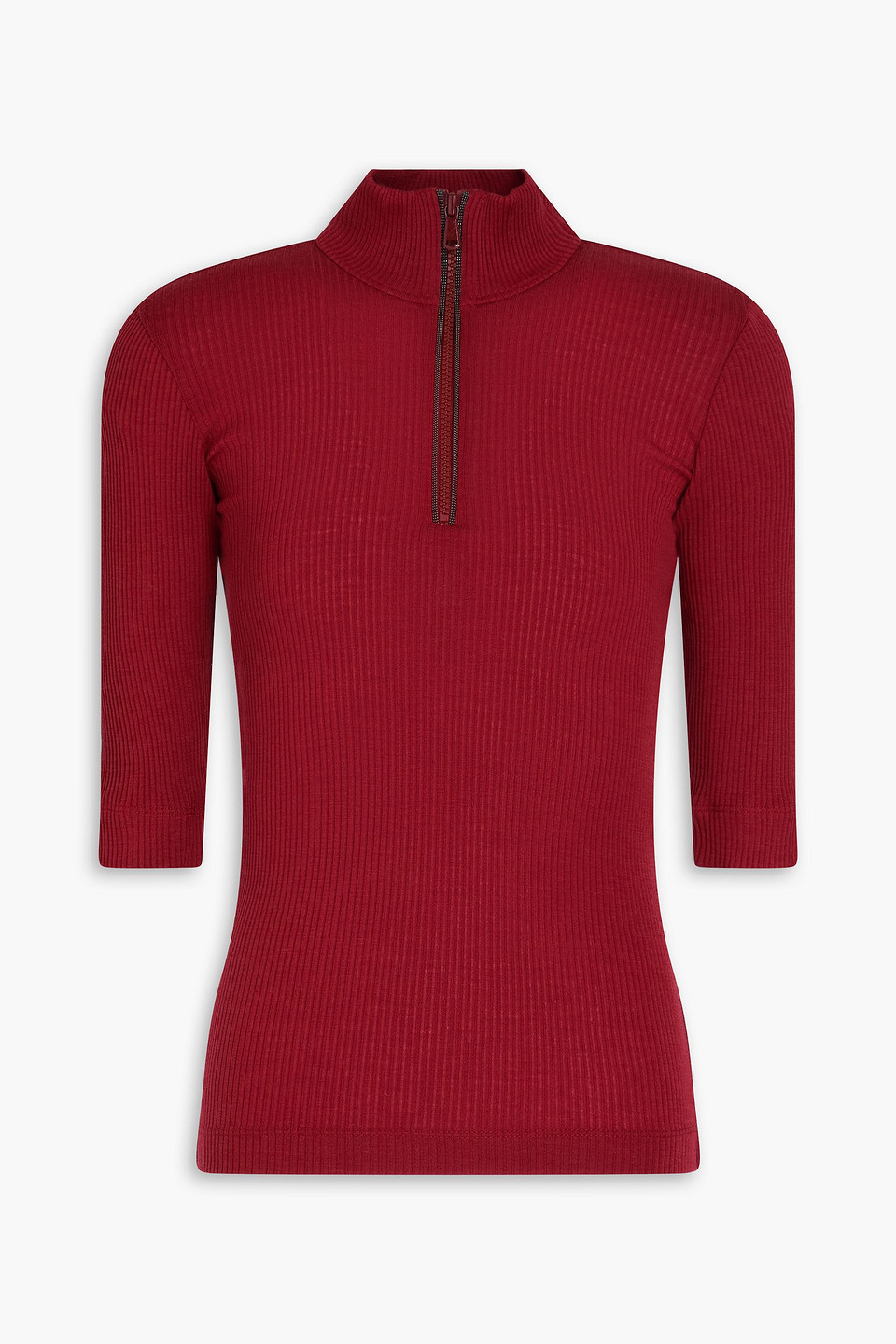 Brunello Cucinelli Bead-embellished Ribbed Wool Half-zip Top In Red