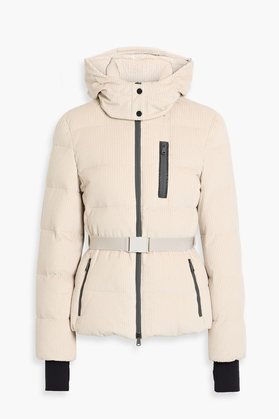 Brunello Cucinelli Hooded Belted Bead-embellished Ribbed Cotton-velvet Ski Jacket In White