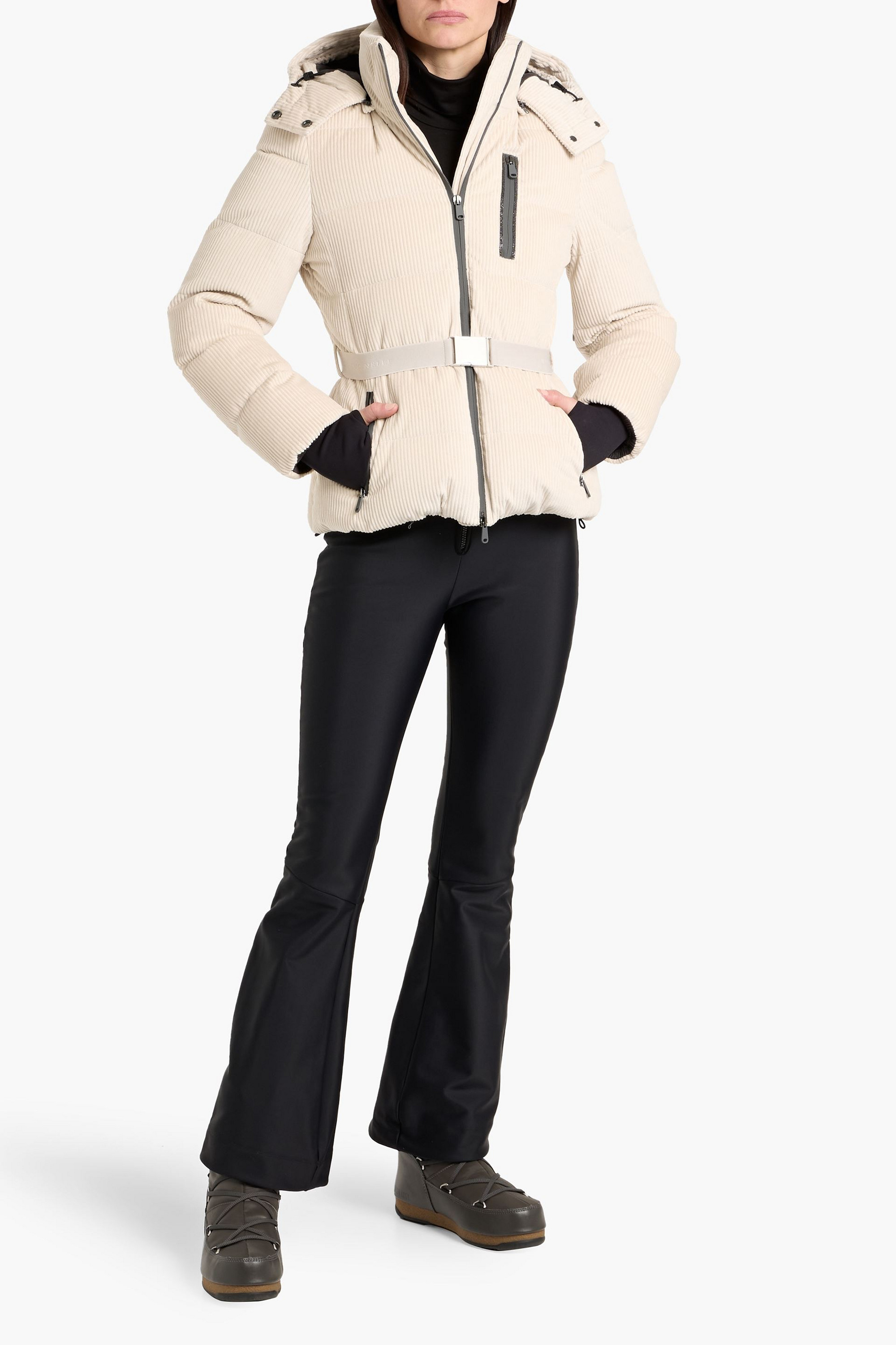 Brunello Cucinelli Hooded belted bead-embellished ribbed cotton-velvet ski jacket