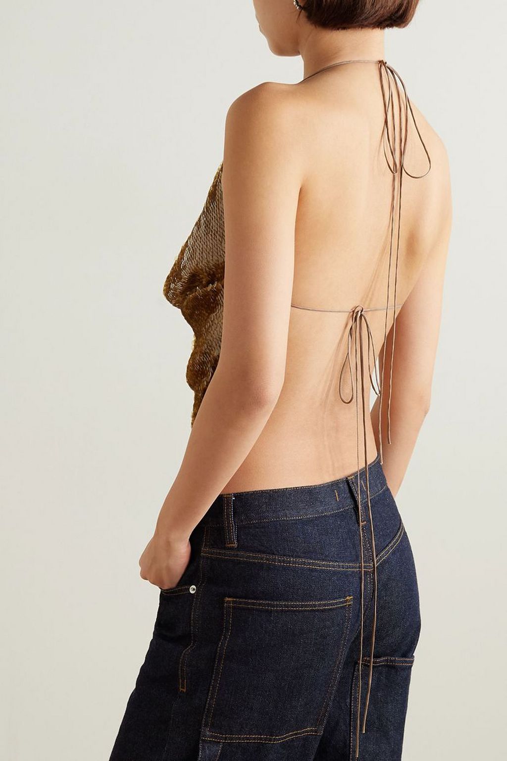 A.W.A.K.E. MODE Open-back draped sequined tulle halterneck top