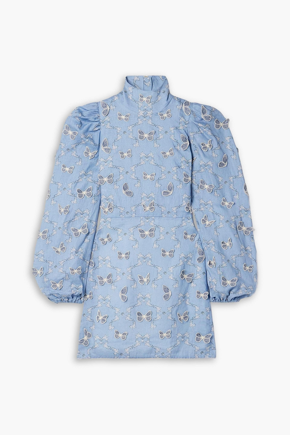 Agua By Agua Bendita Guaba Lymanopoda Appliquéd Printed Linen Turtleneck Mini Dress In Blue